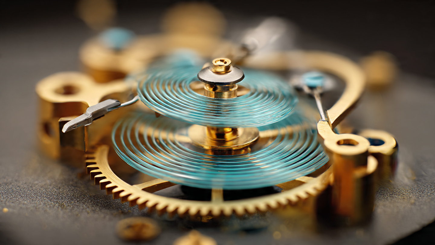 Extreme macro photograph of a watch balance wheel and silicon hairspring with regulation mechanism under warm amber workshop lighting