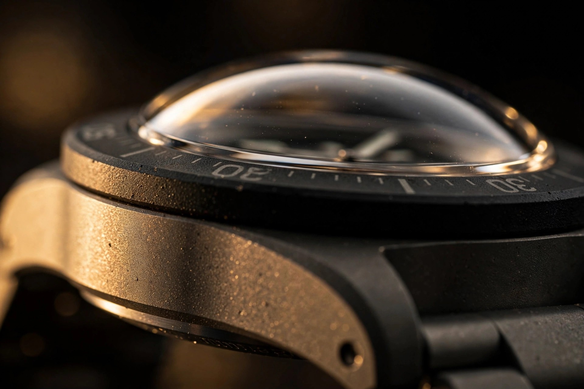 Macro photograph of a Grade 5 titanium dive watch case showing sandblasted surface texture and the dome of a thick conical sapphire crystal under dramatic side lighting