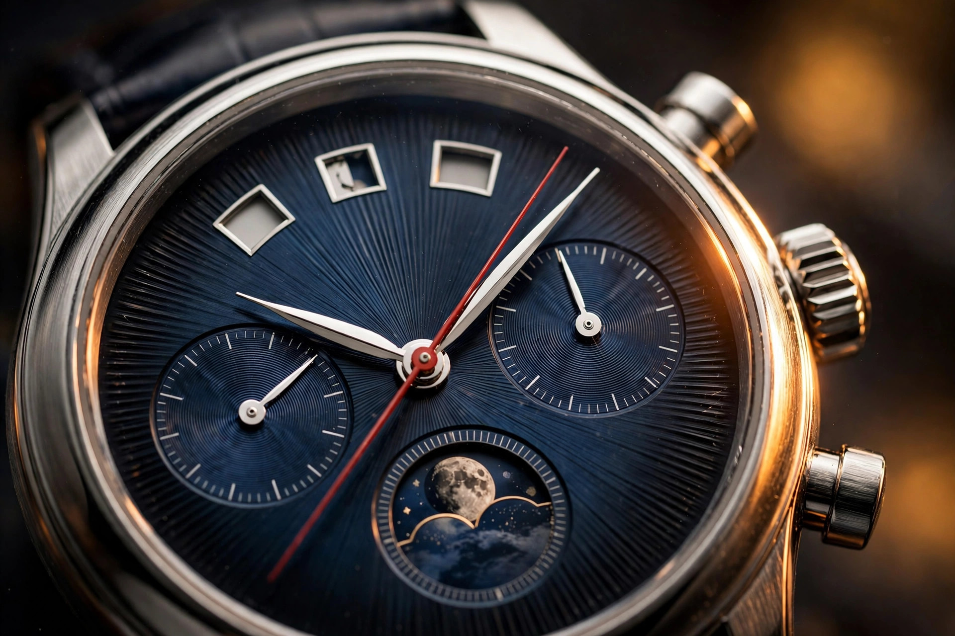 Editorial macro photograph of a platinum chronograph with a navy blue sunburst dial in warm light, arc of day-date-month apertures along the top, snailed subdials, red chronograph hands, and a moonphase at six o'clock