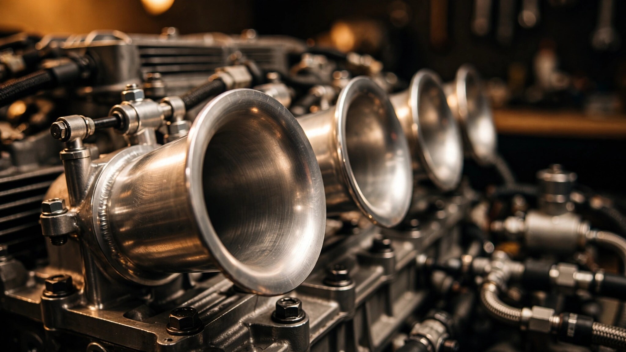 Close-up of Porsche flat-six engine intake trumpets and throttle body assembly under warm workshop lighting
