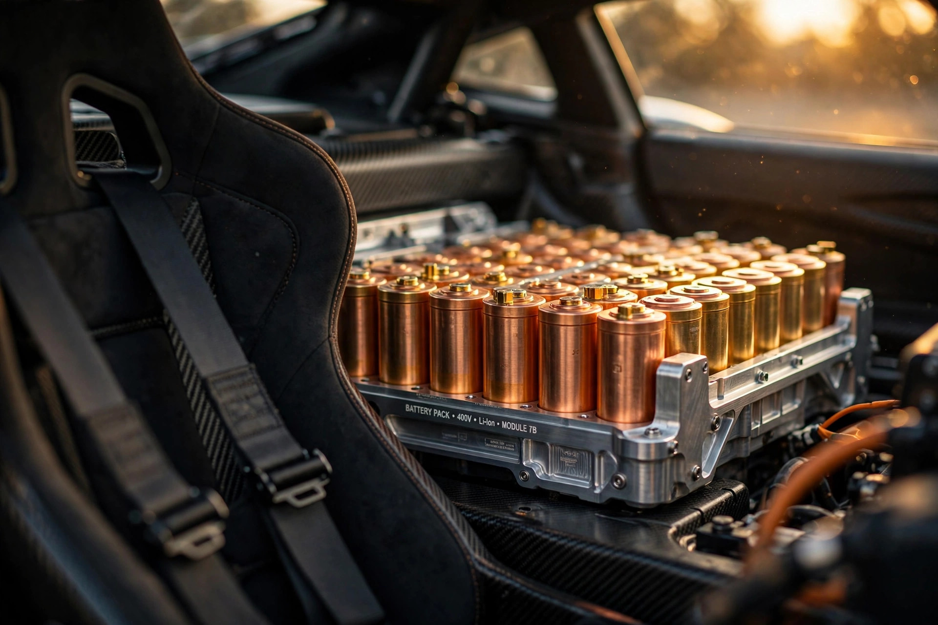 Editorial macro photograph in warm amber light of cylindrical battery cells glowing copper against a dark chassis, mid-mounted battery stack behind a racing seat