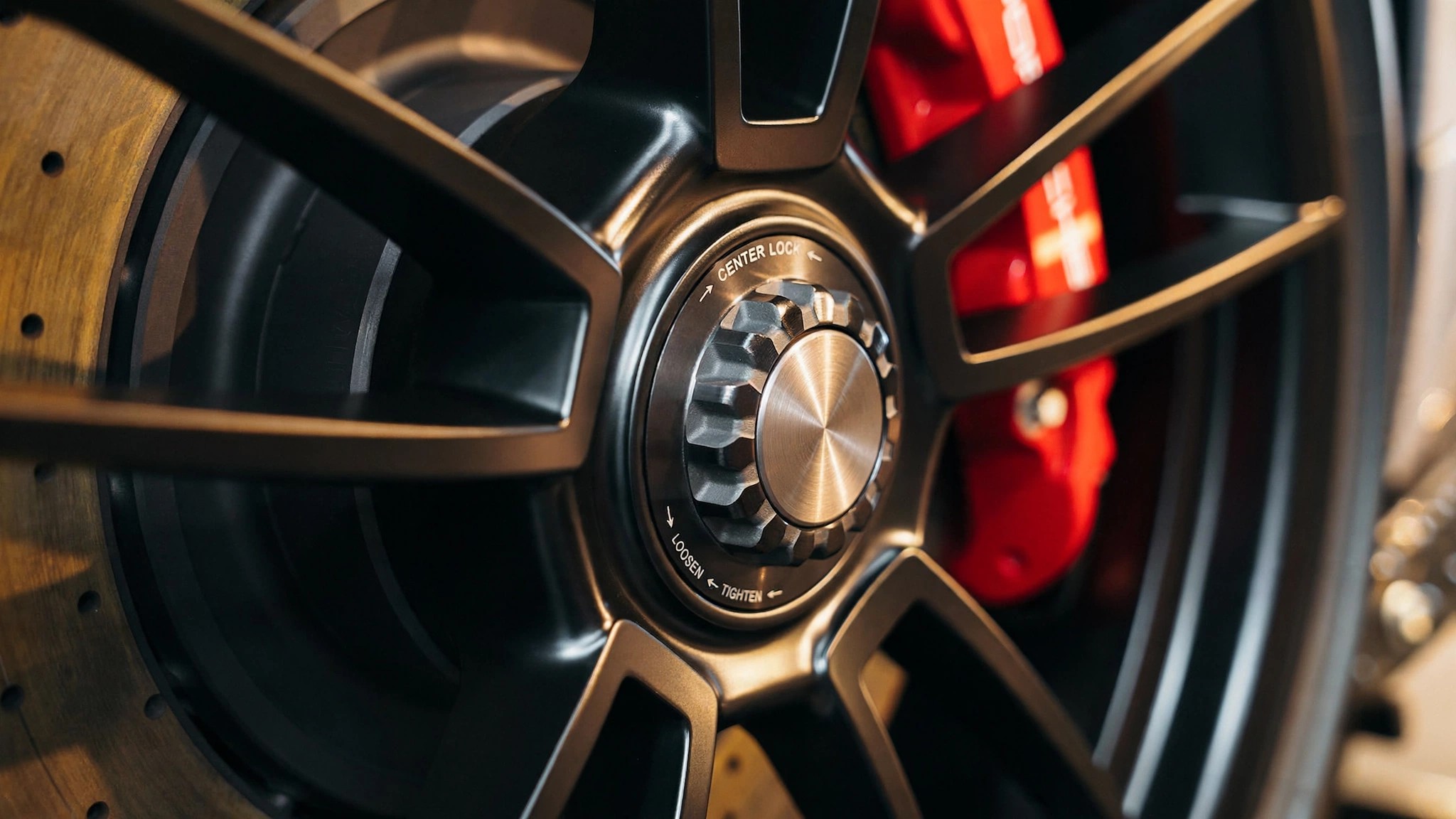 Macro photograph of a Porsche center-lock wheel highlighting the titanium-colored central bolt against dark forged aluminum spokes with warm golden light