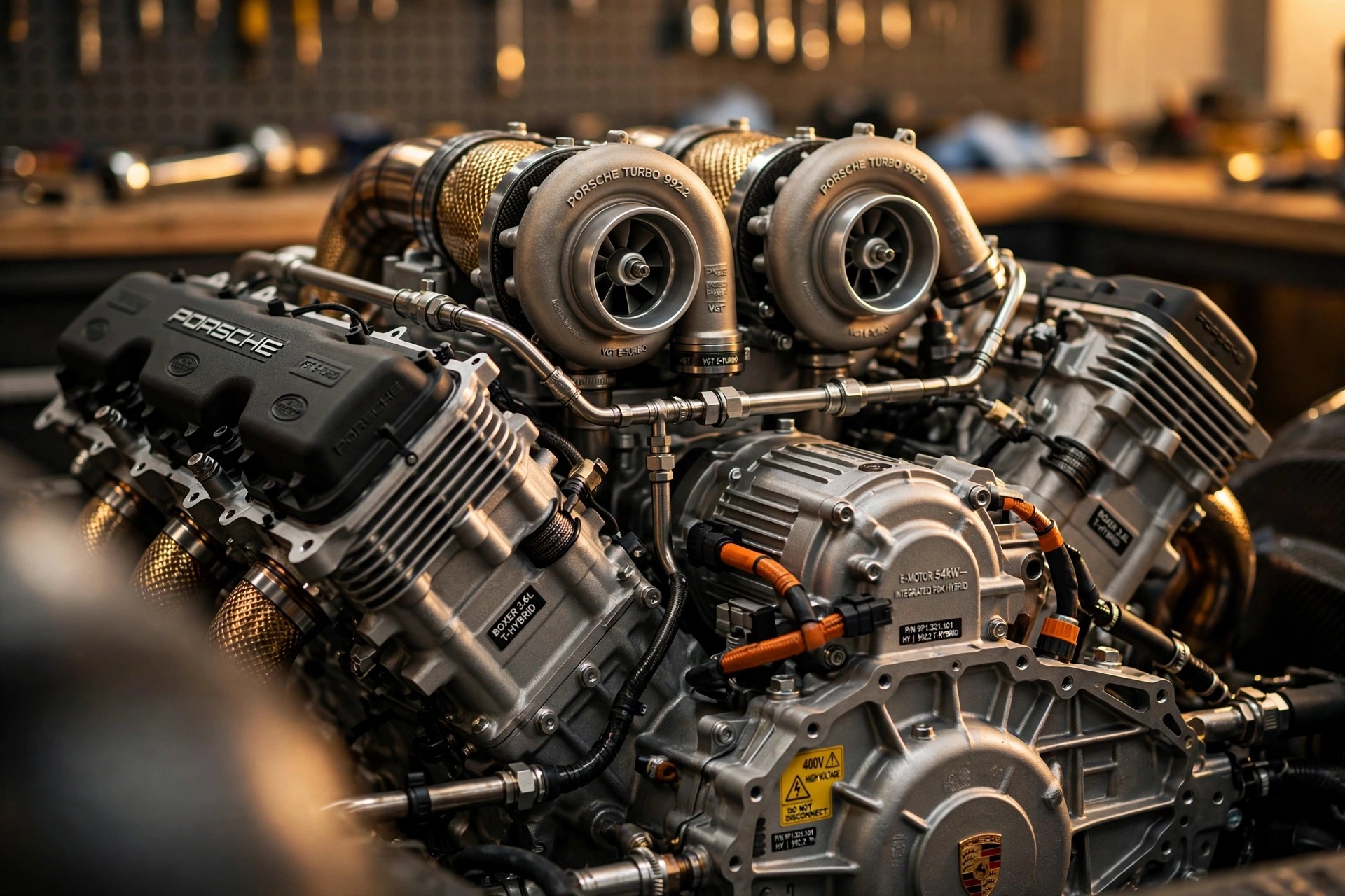Macro photograph of a Porsche flat-six engine bay showing twin turbochargers and hybrid electric motor integrated into transmission housing under warm directional workshop lighting