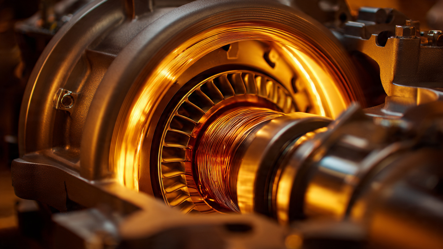 Macro photograph of a turbocharger assembly with integrated electric motor, copper windings and turbine blades under warm amber workshop lighting
