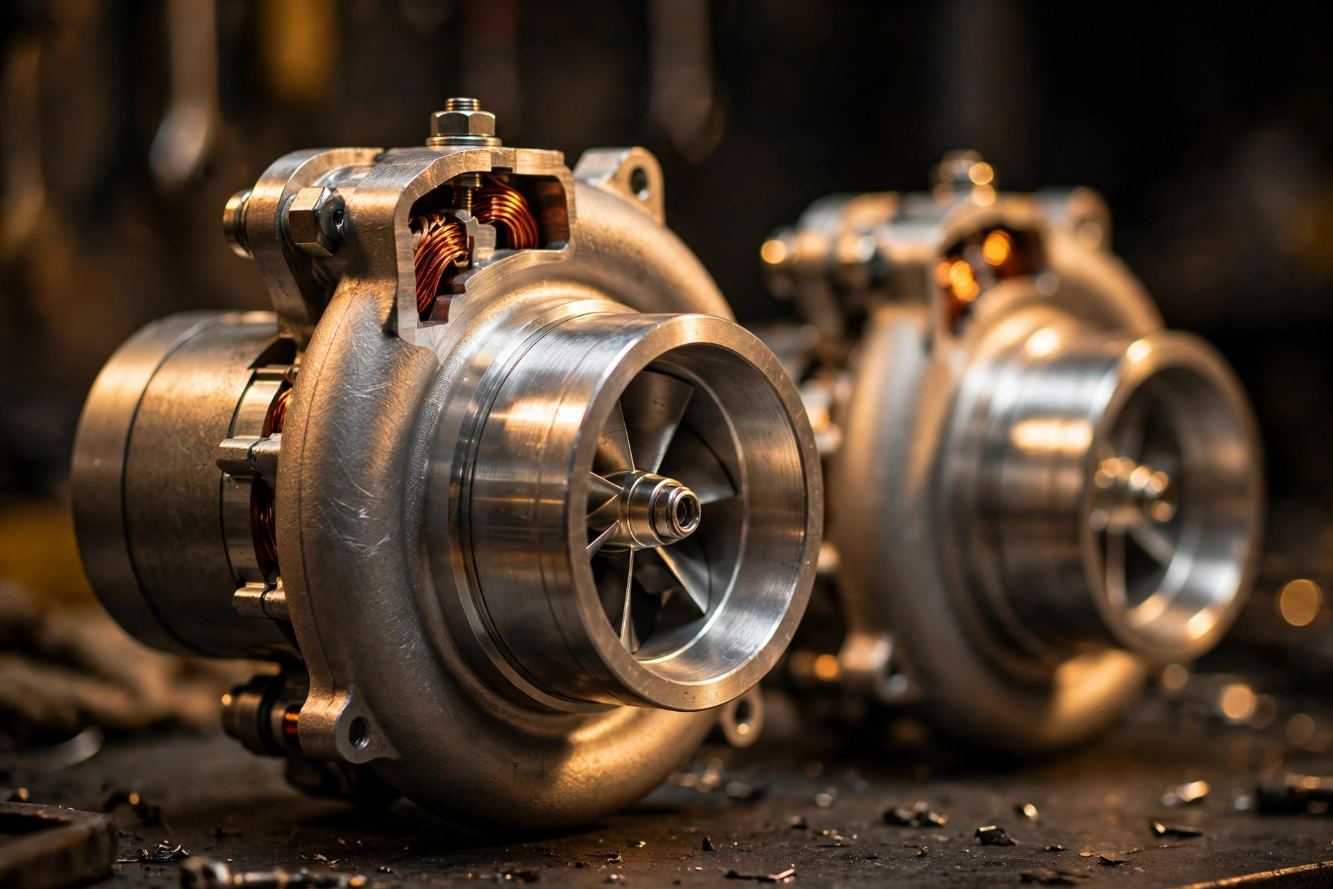 Macro view of a twin electric turbocharger assembly with a compact electric motor mounted on the compressor shaft