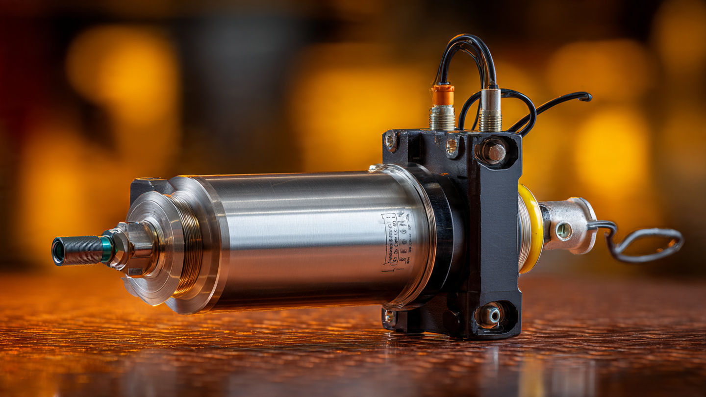 Macro photograph of an active suspension damper with integrated hydraulic pump, machined aluminum housing and air spring bellows under warm amber workshop lighting