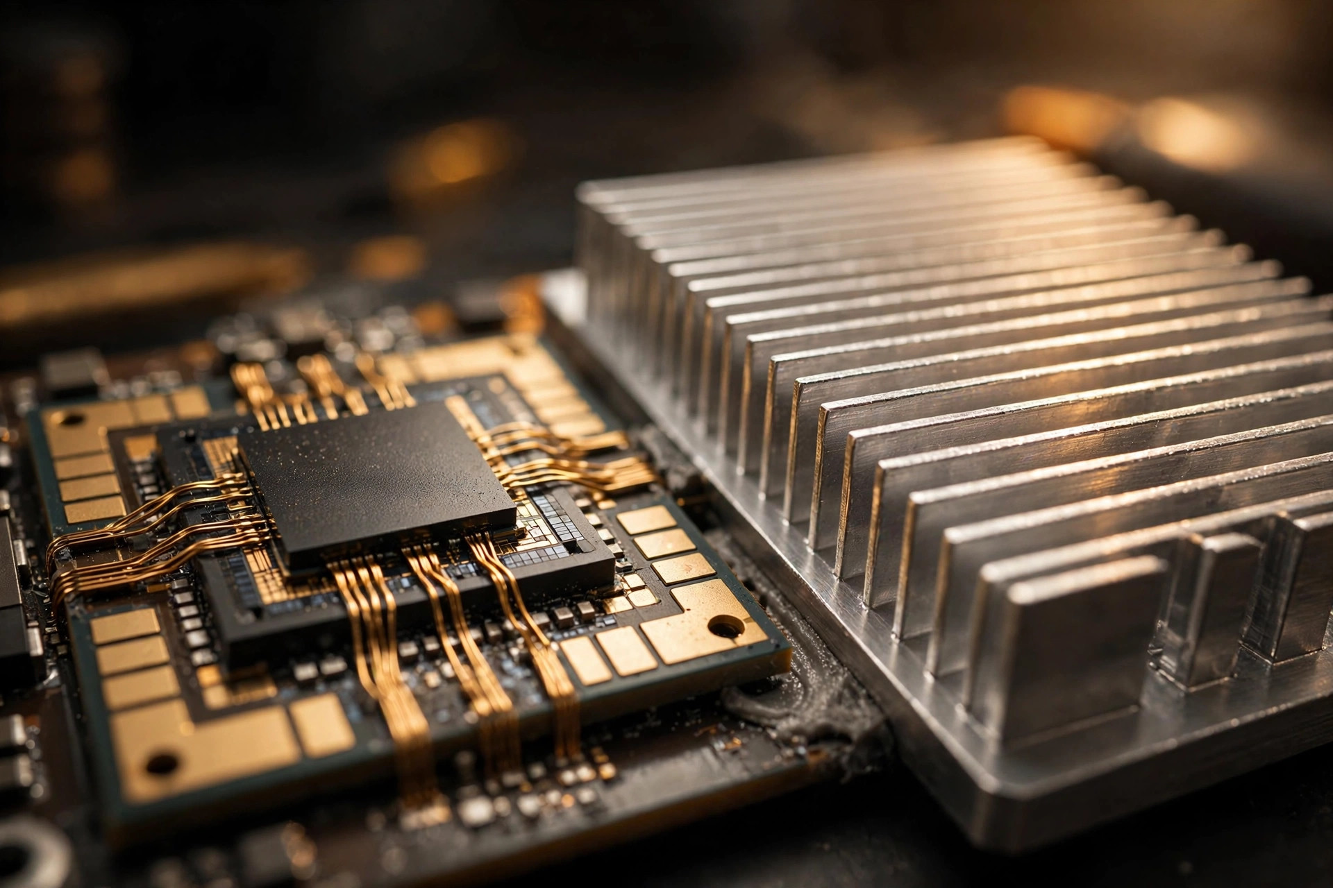 Macro photograph of a gallium nitride semiconductor chip with gold wire bonds beside an aluminum subwoofer amplifier heat sink with cooling fins, warm directional workshop lighting