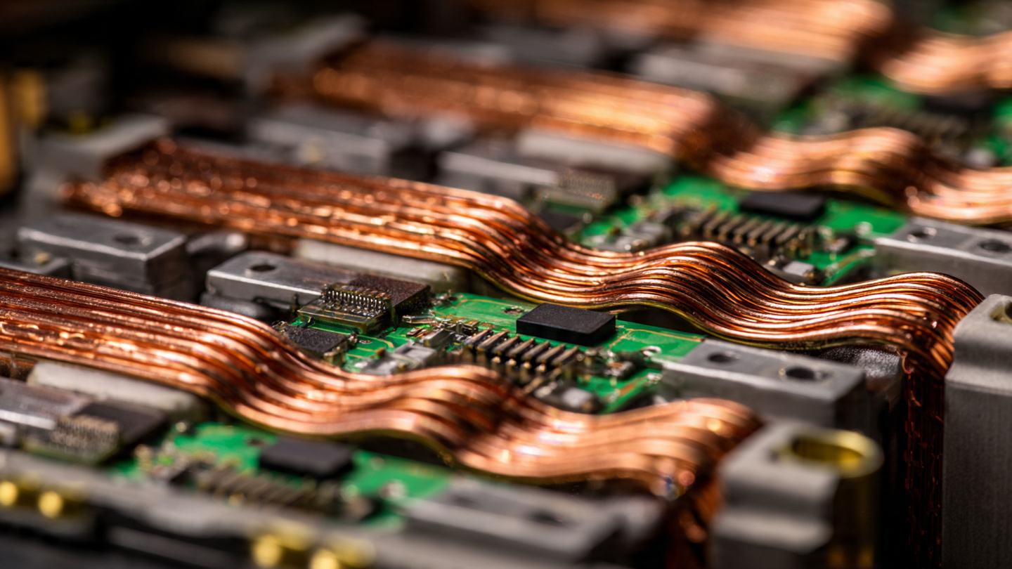 Macro photograph of copper cooling channels and silicon carbide power electronics inside an electric vehicle battery pack, with warm amber directional lighting highlighting thermal interface materials and braided coolant lines