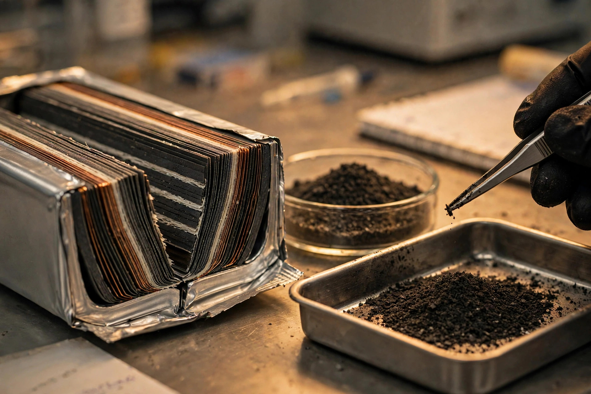 Editorial macro photograph in warm amber light of a bisected EV battery pouch cell showing layered electrode foil edges, beside a glass dish of fine dark recycled cathode active material powder and a gloved hand holding tweezers over a stainless steel processing tray