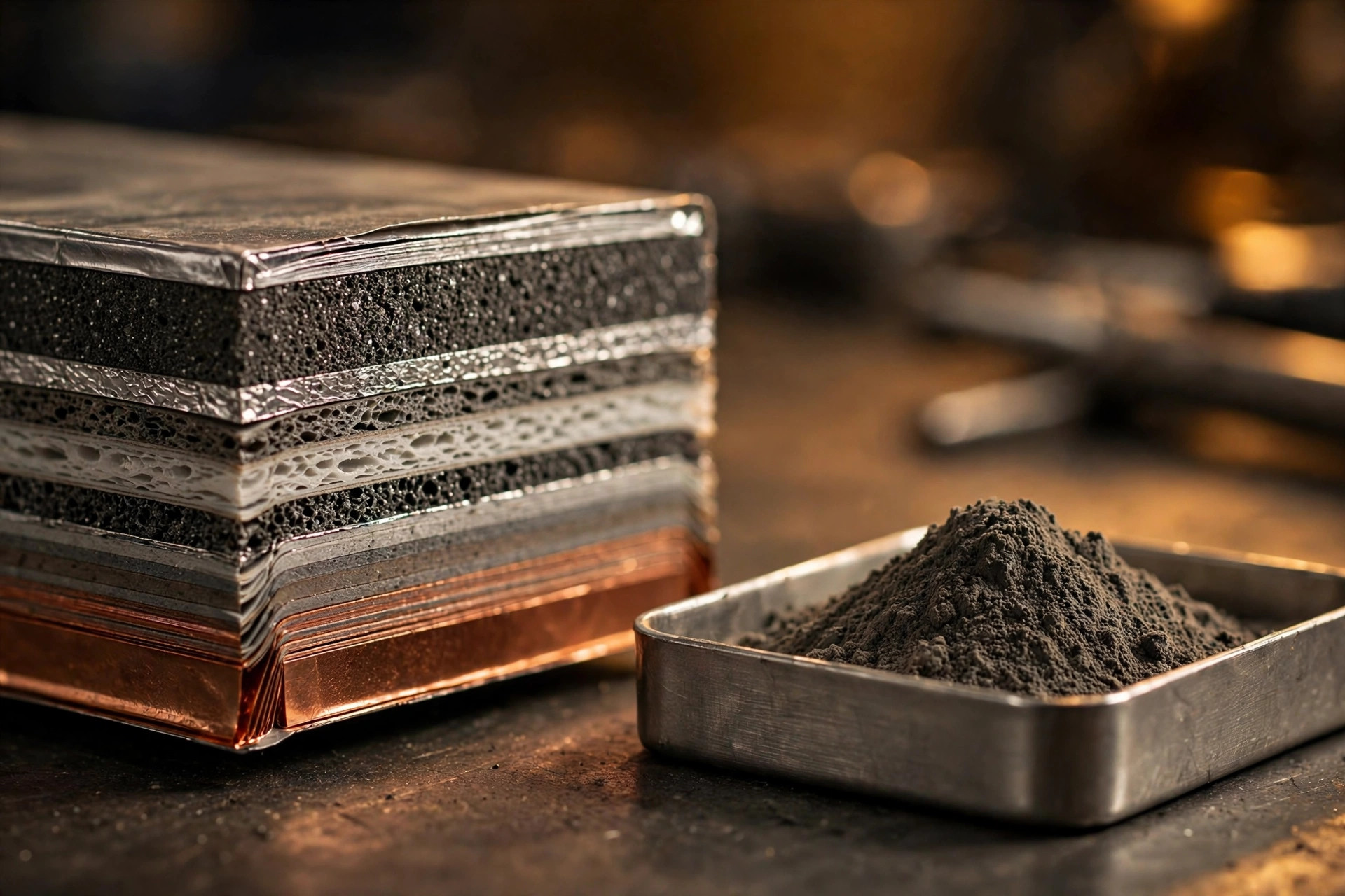Editorial macro photograph of battery cell cross-sections and cathode active material powder in warm amber workshop lighting, with copper foil and electrode sheets visible in the foreground