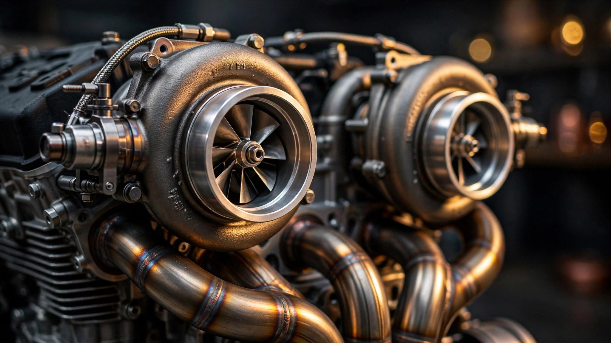 Close-up of a turbocharger compressor housing showing precision-machined aluminum blades and scroll geometry under warm directional lighting