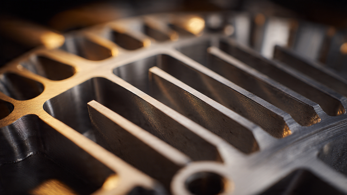 Macro photograph of precision-machined aluminum cooling fins on an engine crankcase, with warm directional light creating dramatic shadows between fin valleys