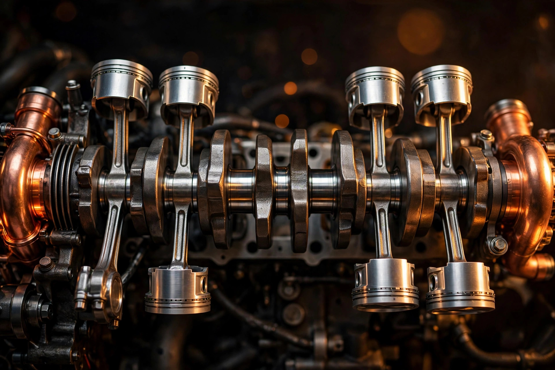 Editorial macro photograph in warm amber light of a horizontally-opposed eight-cylinder engine, four polished pistons and connecting rods on each side converging on a central crankshaft, copper turbocharger housings glowing at the outer banks