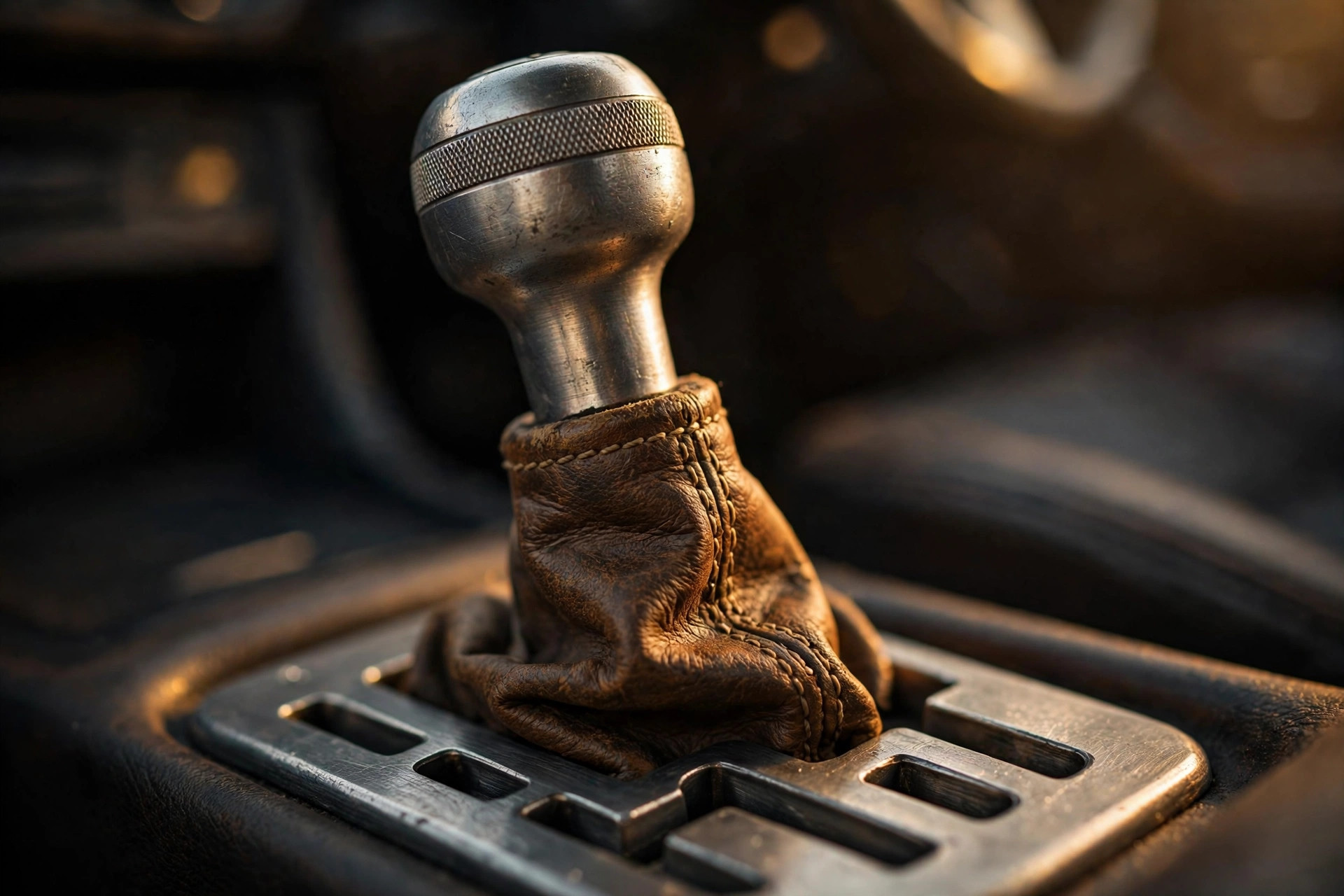 Macro photograph of a manual gear shifter and H-pattern gate in warm workshop light