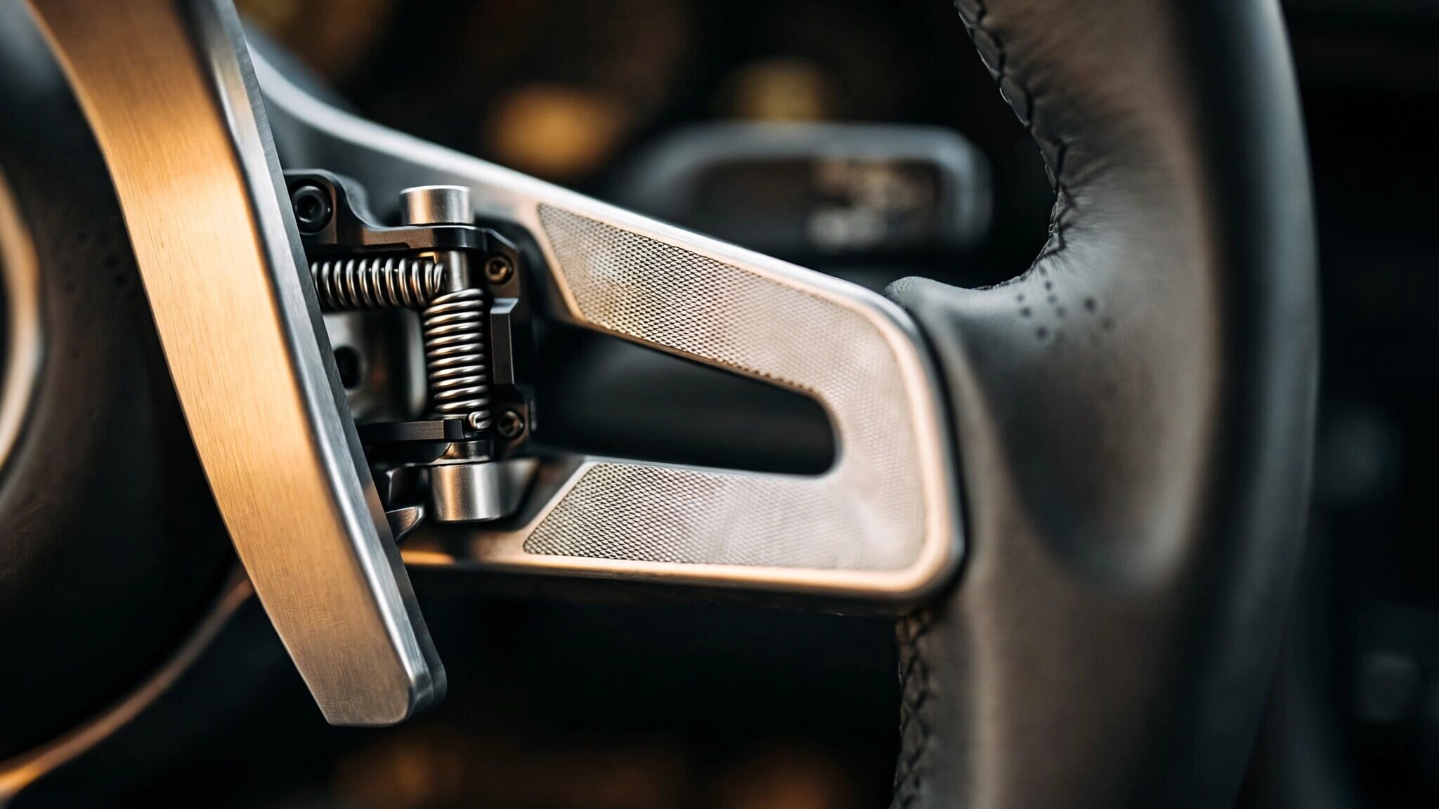 Macro photograph of a Porsche steering wheel paddle shifter mechanism, warm directional lighting revealing brushed aluminum surface and spring-loaded pivot