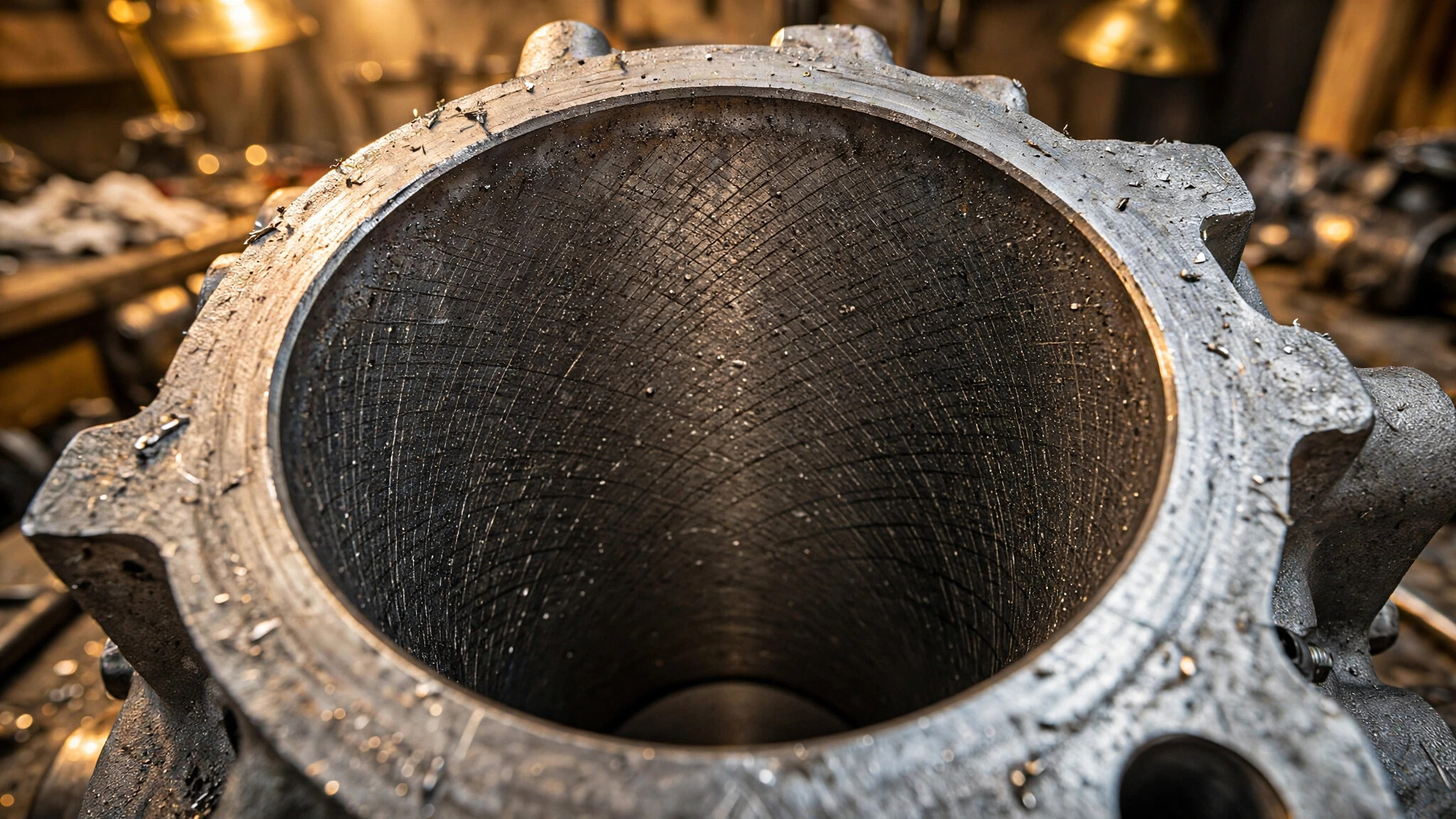 Macro photograph of an aluminum engine block cylinder bore showing plasma-sprayed iron coating with cross-hatch honing pattern