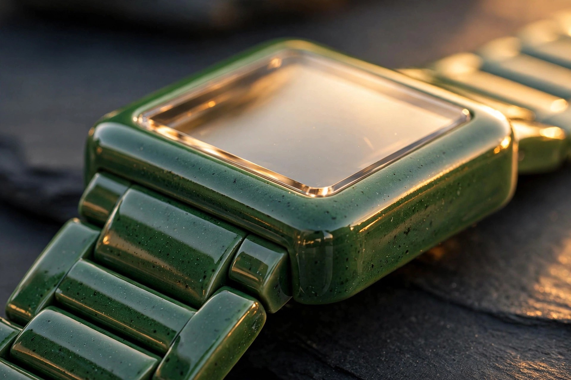 Macro photograph of a polished green high-tech ceramic square watch case and bracelet links showing seamless monobloc construction under warm directional studio lighting