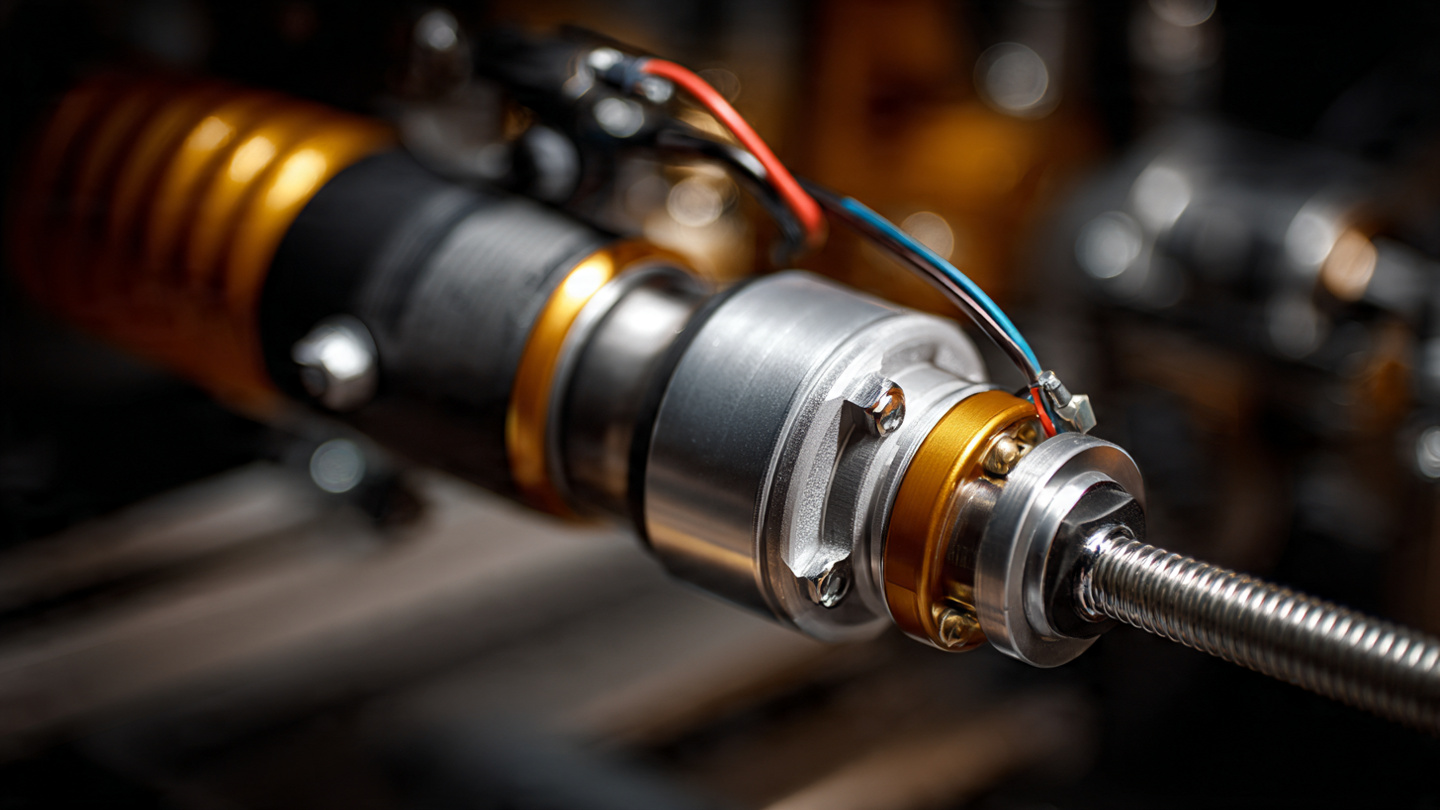 Close-up of rear suspension knuckle and electromechanical steering actuator under warm workshop lighting