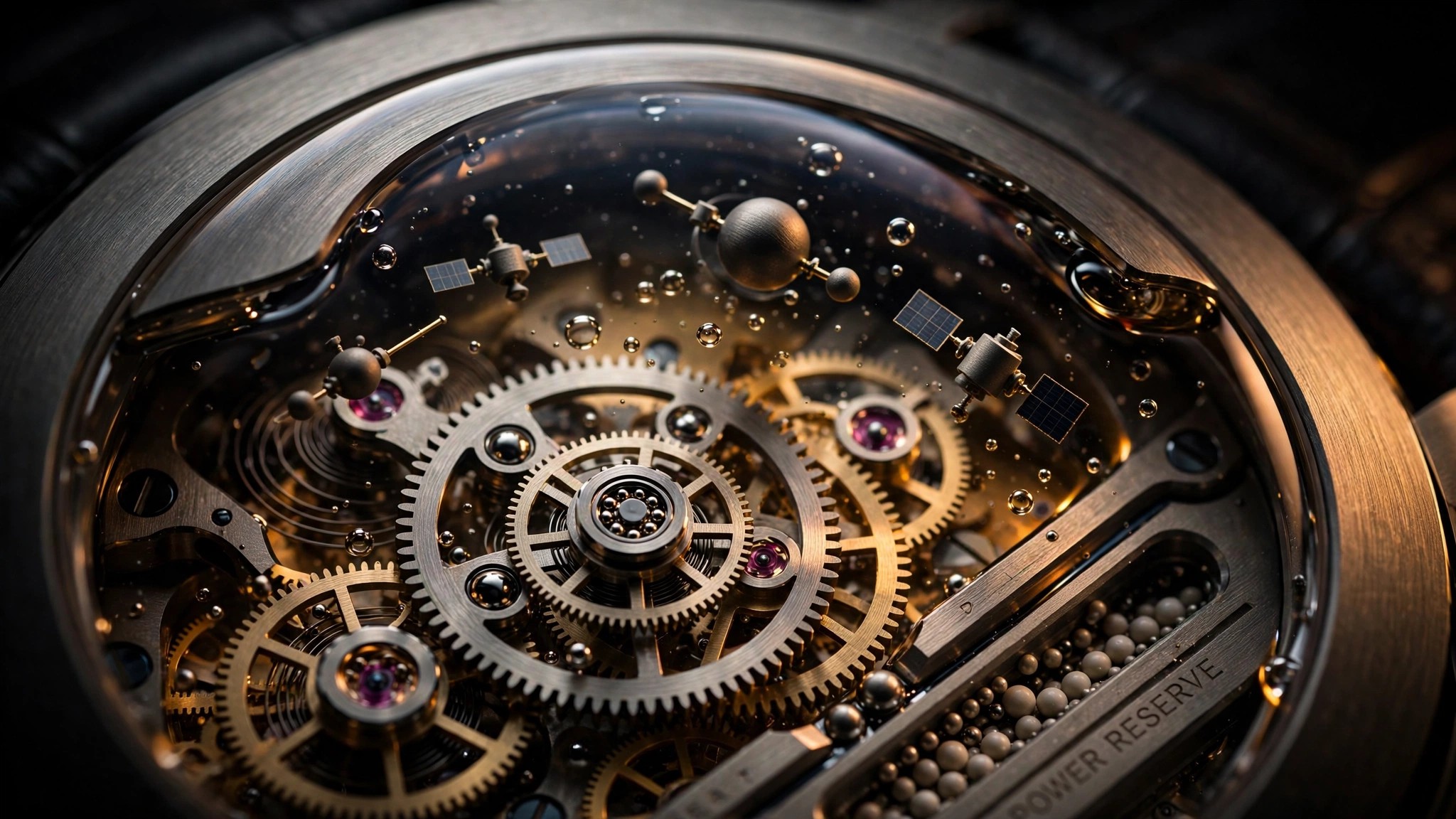 Macro photograph of the Ressence ROCS orbital display module showing convex titanium dial with eccentric rotating satellite sub-dials
