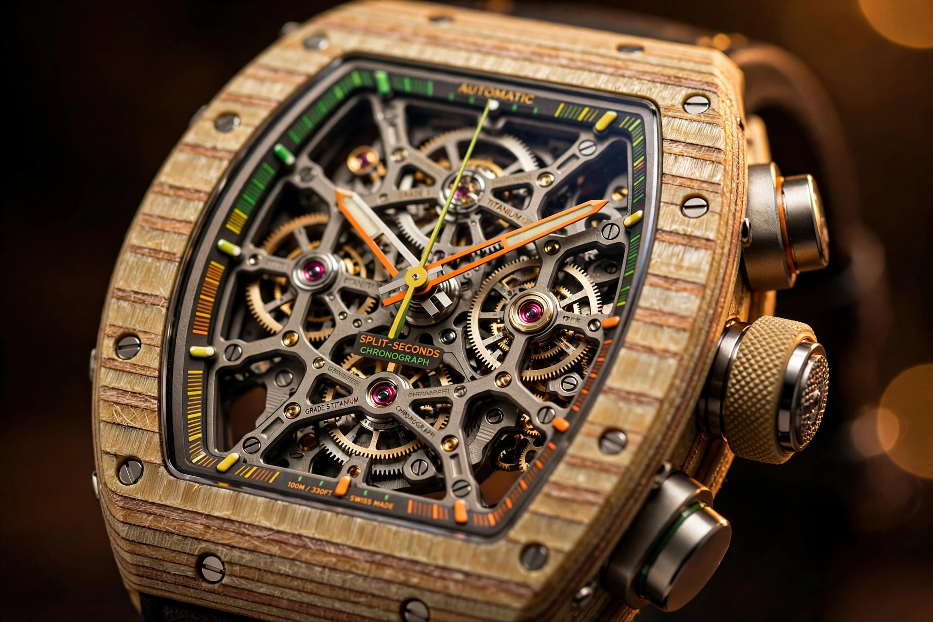 Editorial macro photograph of a Richard Mille RM 65-01 skeleton chronograph in warm tones, golden-beige layered composite case, openworked dial revealing grade 5 titanium bridges and twin central chronograph hands