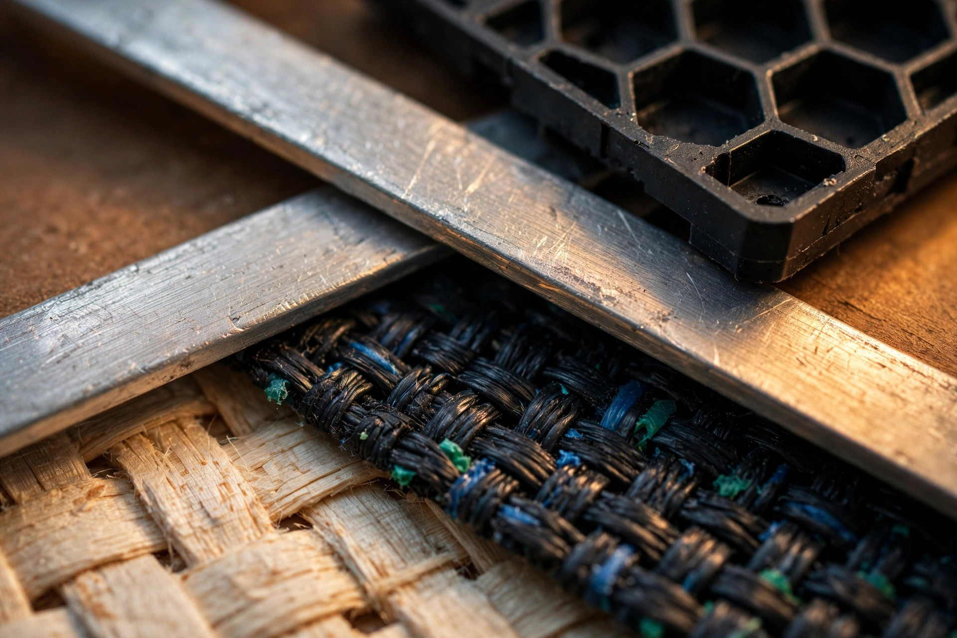 Editorial macro photograph in warm amber light of recycled-material car components: woven wood-pulp fiber upholstery, a dark floor mat of reclaimed ocean plastic flecked with blue and green, a brushed recycled-aluminum trim strip, and a matte black battery-cell resin tray fragment