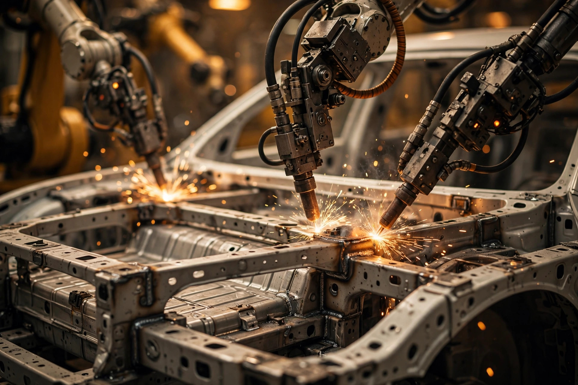 Robotic welding arms working on an electric SUV body-in-white on an assembly line, warm amber industrial lighting