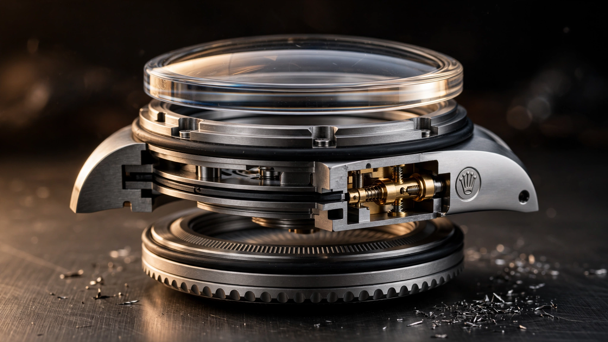Macro photograph of the Rolex Deepsea case showing the nitrogen-alloyed steel compression ring visible around the dial periphery