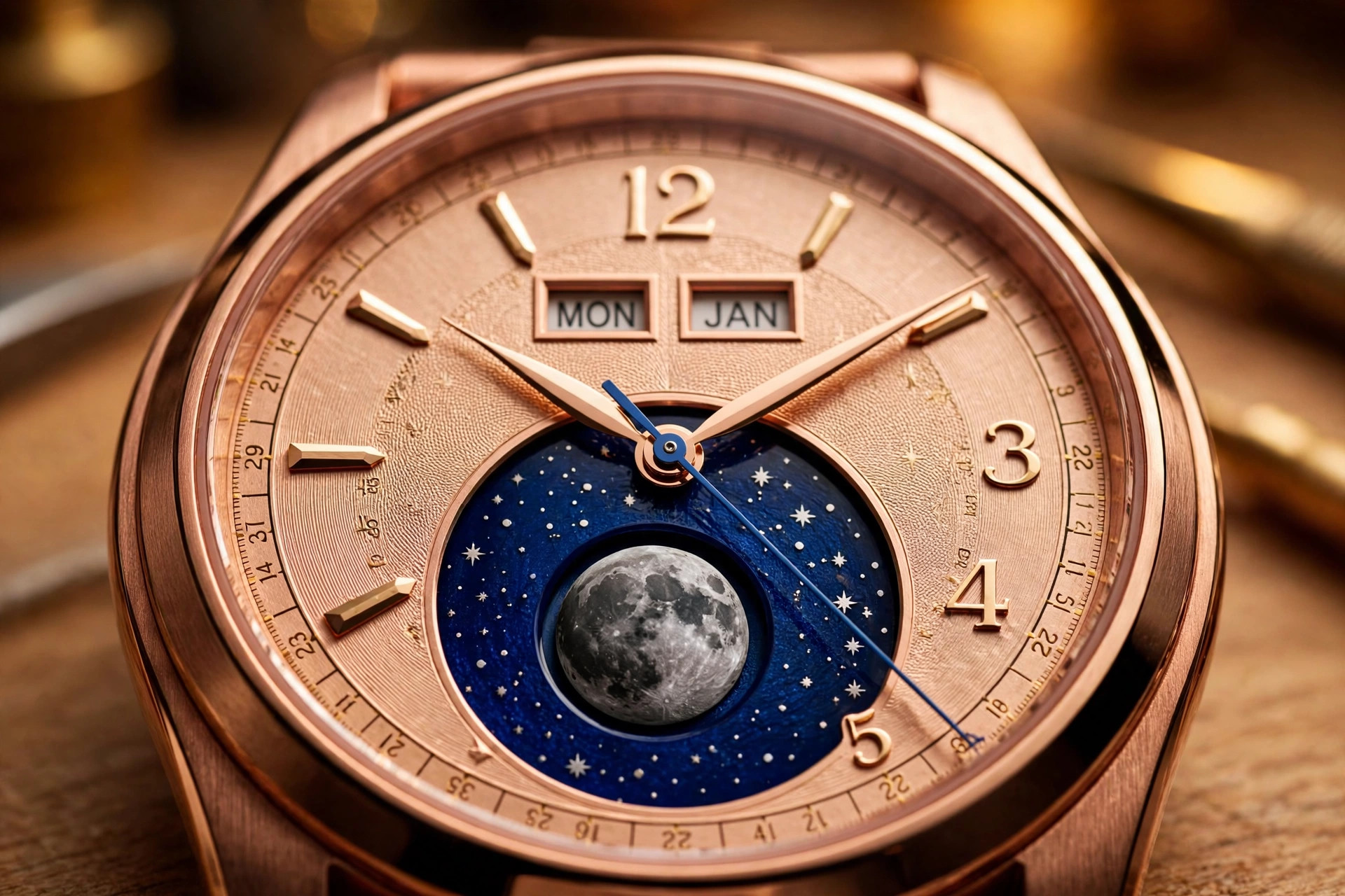 Editorial macro photograph of a rose gold dress watch dial in warm amber light, with a deep blue enamel moonphase disc and meteorite full moon at six o'clock, twin day and month apertures at twelve, and a blue date hand sweeping the outer date track