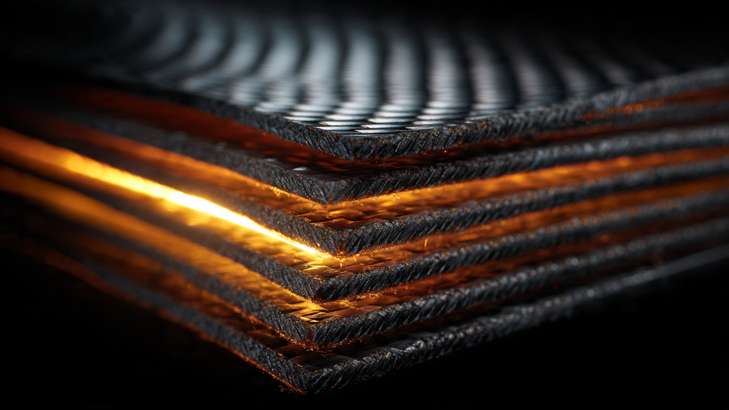 Macro photograph of layered carbon fiber composite cross-section showing a thermoplastic interlayer glowing faintly with residual heat against woven carbon reinforcement under warm directional lighting