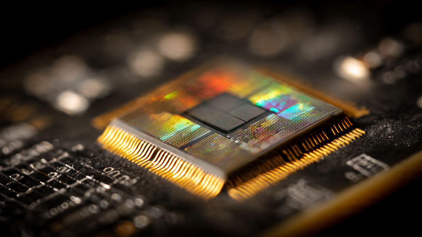 Macro photograph of a silicon carbide power semiconductor die with gold wire bonds under warm amber directional lighting