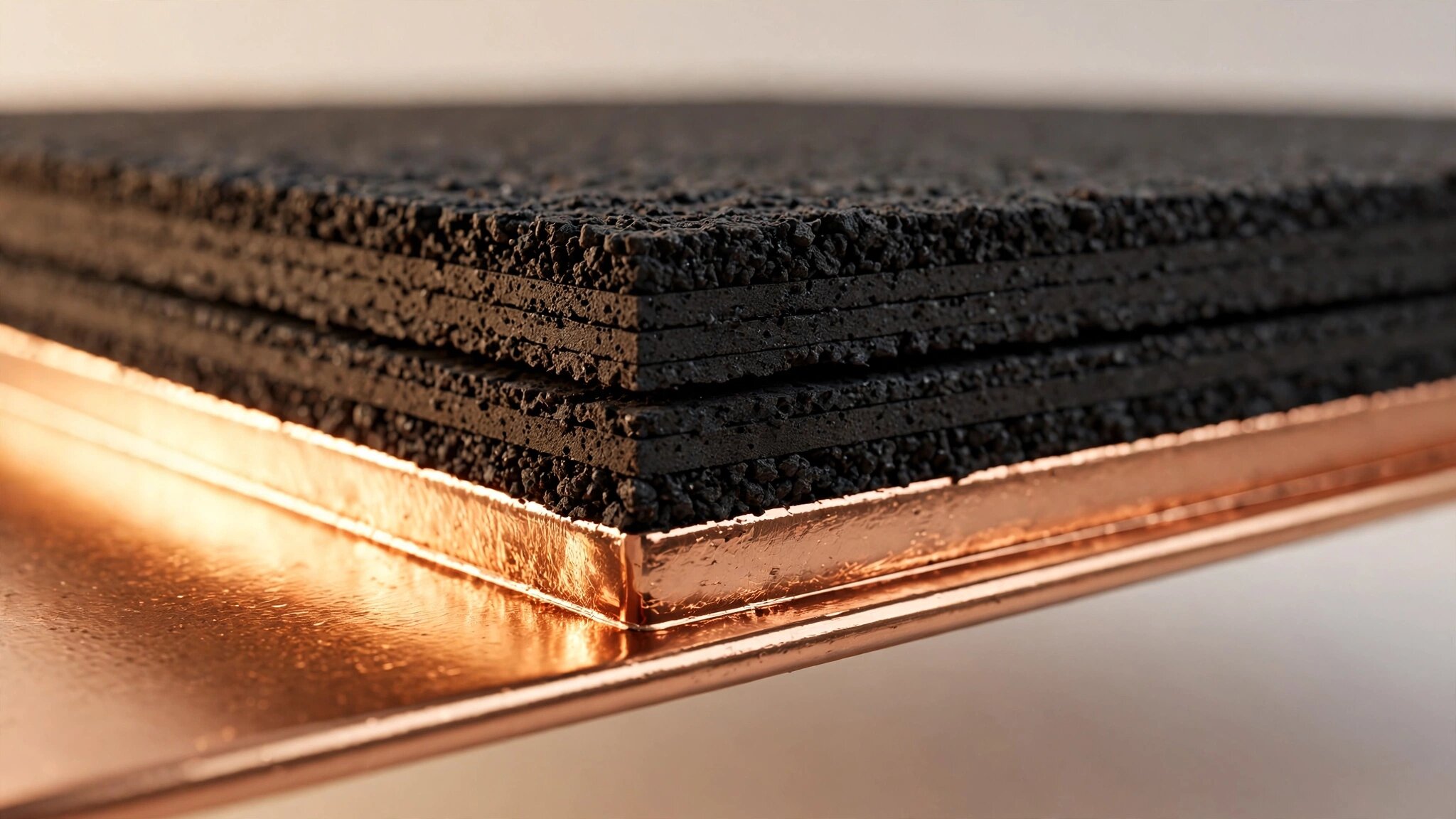 Close-up macro photograph of a lithium-ion battery cell cross-section showing dark silicon-carbon composite anode material layered against copper foil current collector under warm directional studio lighting
