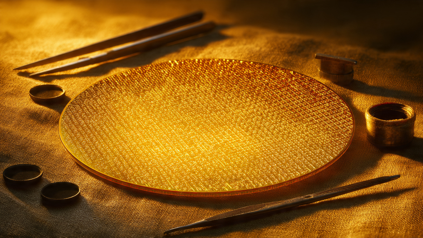 Silicon wafer containing hundreds of watch hairsprings, warm golden side lighting