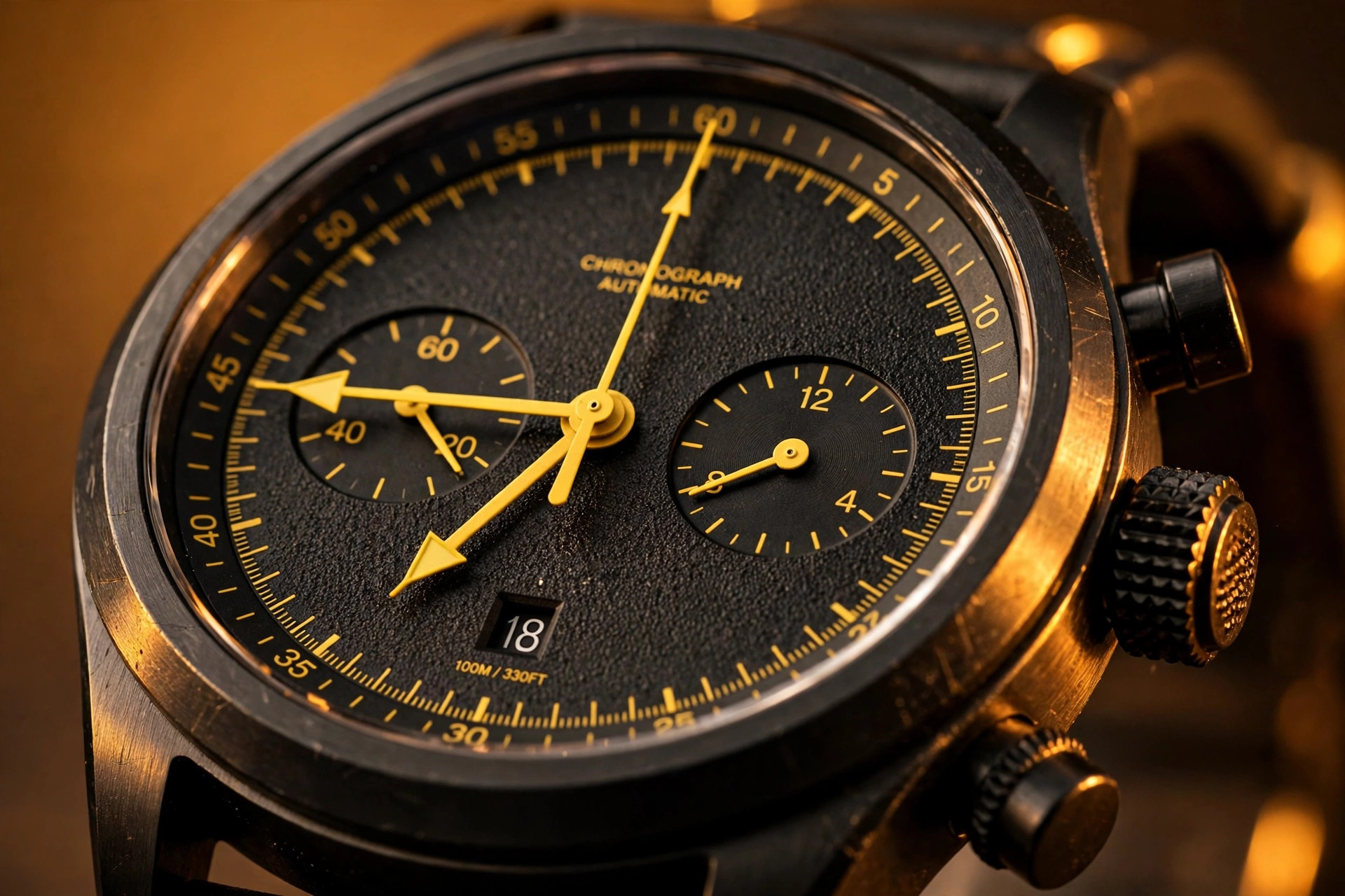 Editorial macro photograph in warm amber light of a matte black chronograph dial with yellow chronograph hands, a central jumping 60-minute hand over a full-diameter minute scale, and a hardened black steel case catching warm highlights