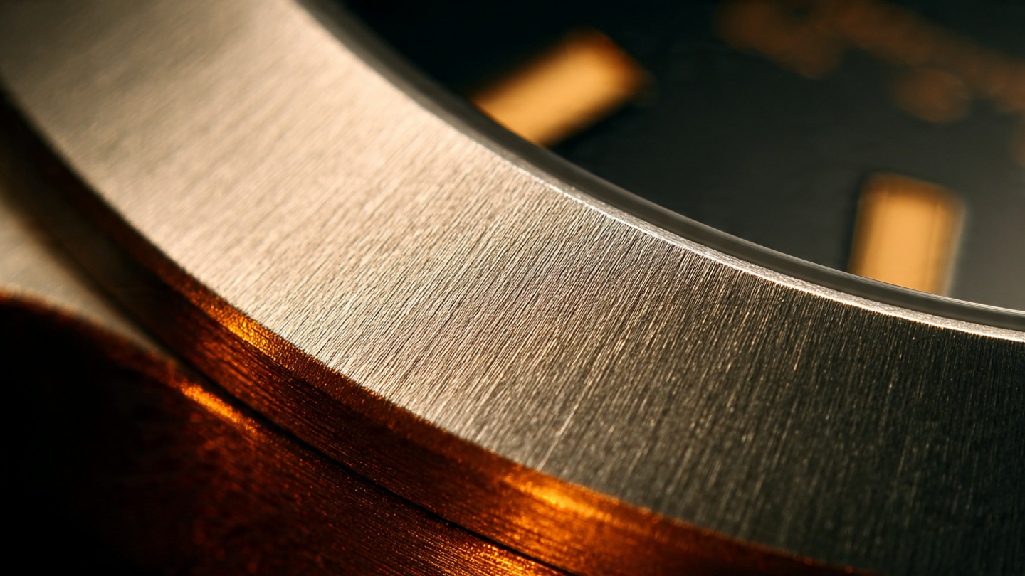 Macro photograph of a Tegimented stainless steel watch case surface showing smooth nitrogen-hardened finish with warm directional lighting
