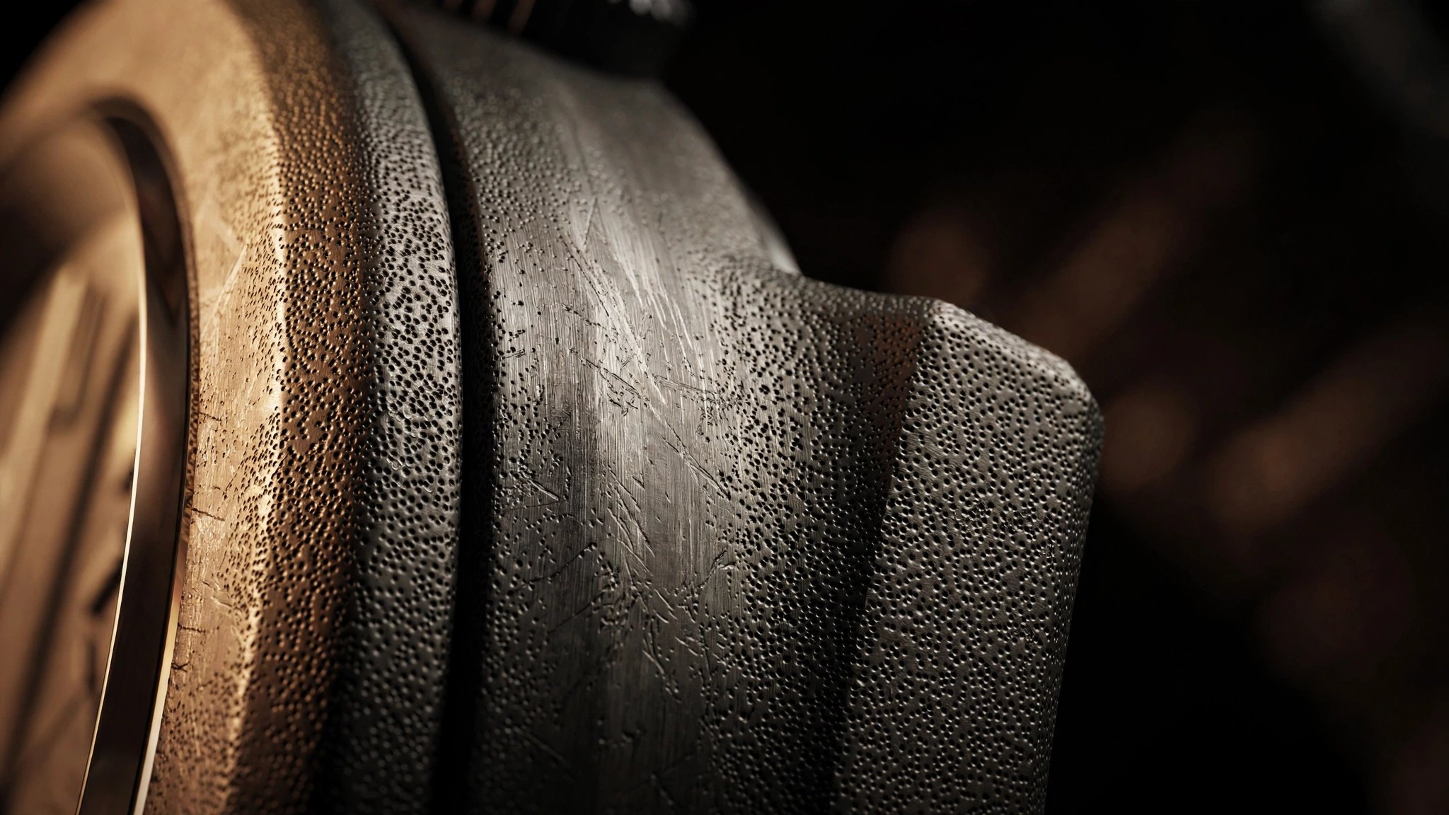 Macro photograph of a matte bead-blasted steel watch case showing hardened surface texture under warm directional lighting