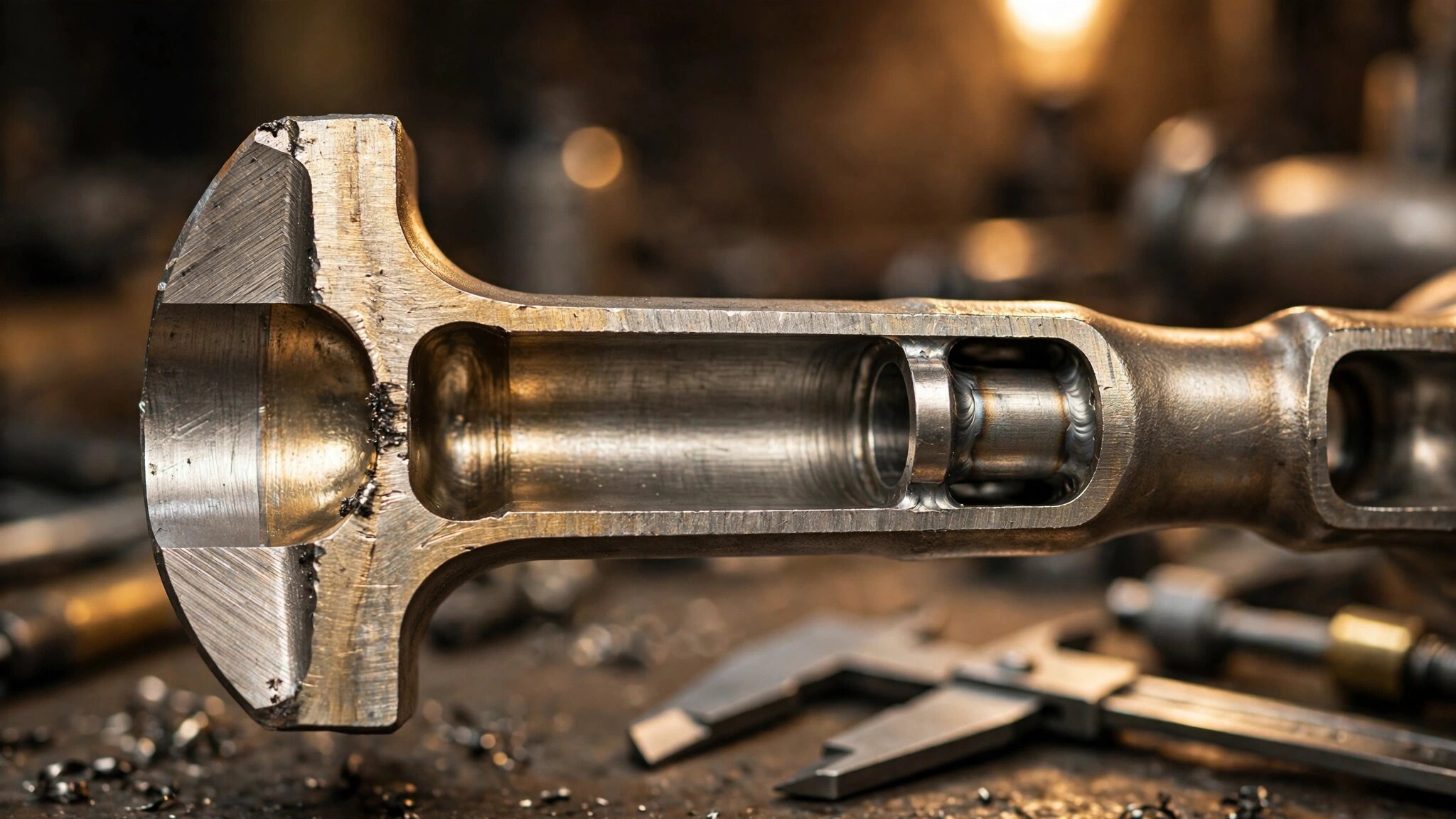 Macro photograph of a cross-sectioned Nimonic exhaust valve showing hollow sodium cavity