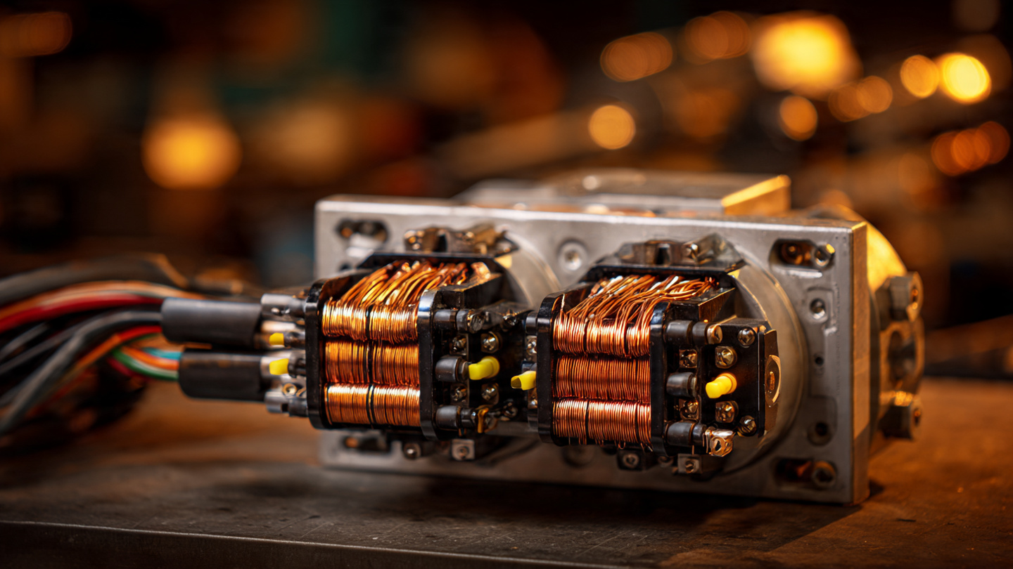 Macro photograph of a steer-by-wire actuator motor with visible copper windings and triple-redundant angle sensors under warm amber workshop lighting