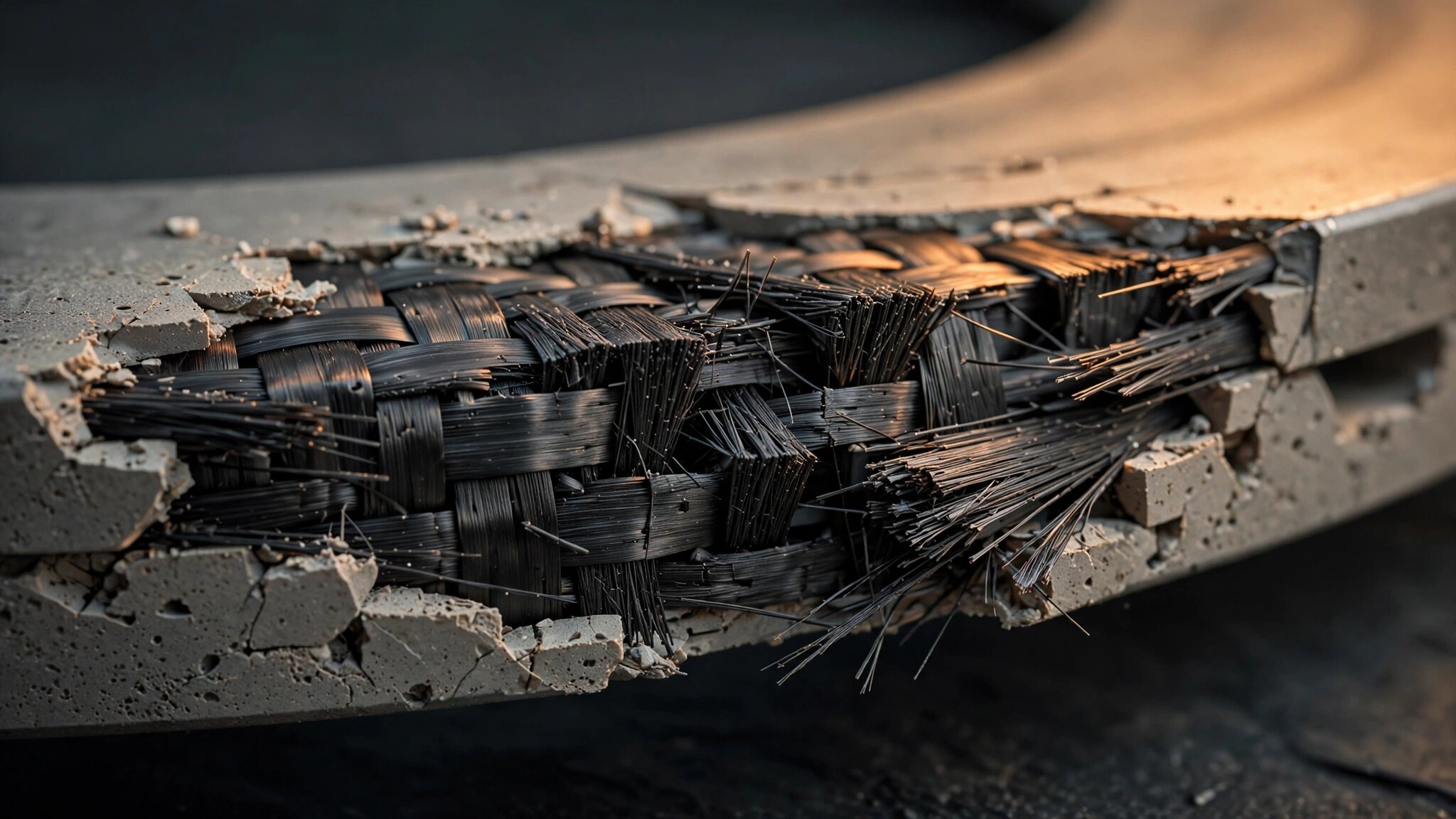 Macro photograph of a carbon ceramic disc cross-section showing woven continuous carbon fiber reinforcement in a silicon carbide matrix