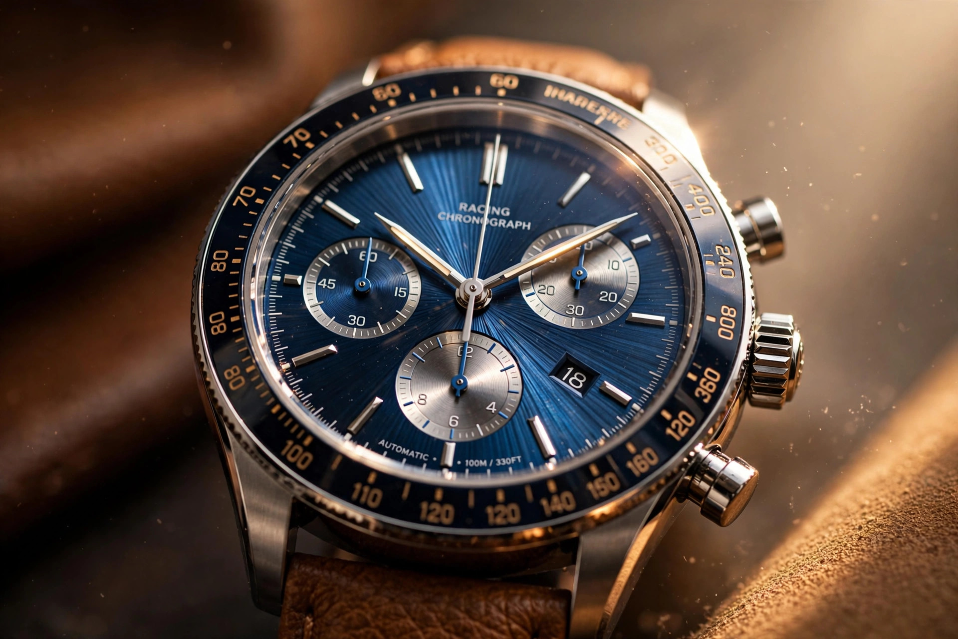 TAG Heuer Carrera Chronograph Sport 2026 in 42mm steel case with blue sunray dial, ceramic tachymeter bezel insert, and tricompax sub-dials under warm directional lighting
