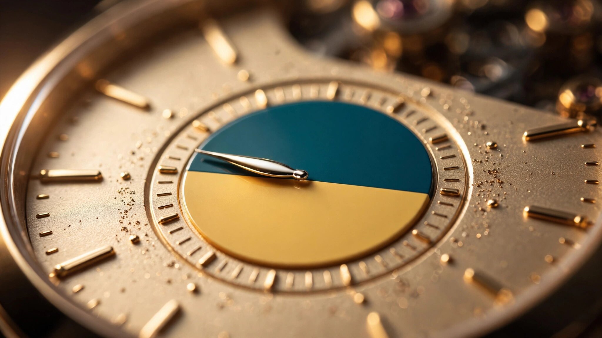Macro photograph of a watch dial showing teal and yellow tide indicator quadrants under warm side lighting