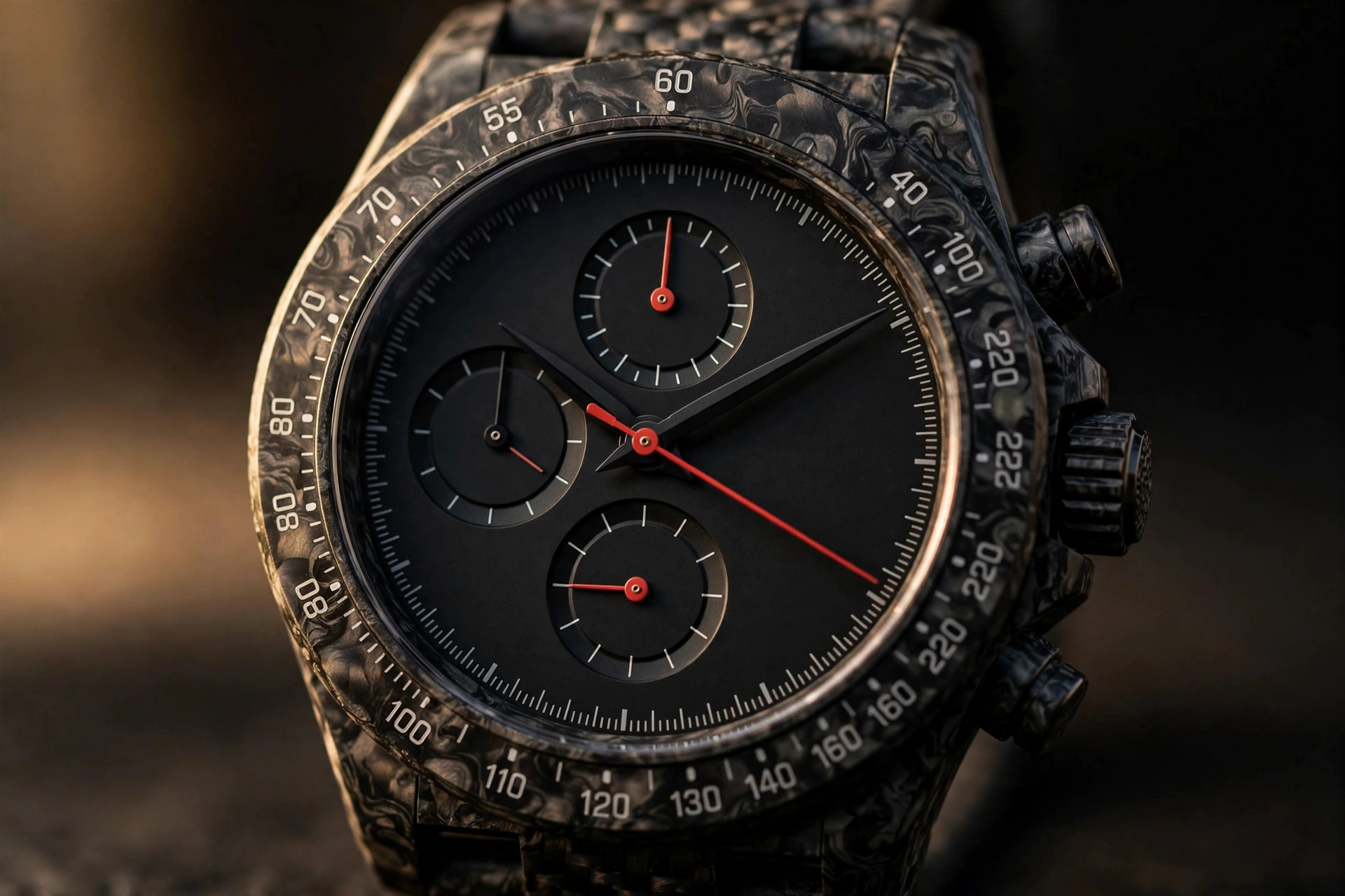 Macro photograph of a black forged-carbon chronograph watch case with marbled composite texture, red chronograph seconds hand over a matte black racing dial, warm directional studio lighting