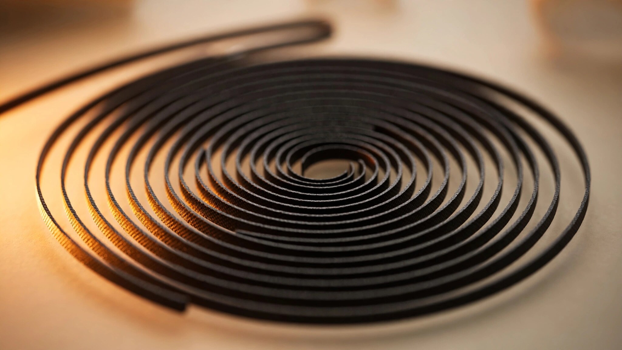 Macro photograph of a coiled carbon hairspring showing matte black surface texture under warm side lighting