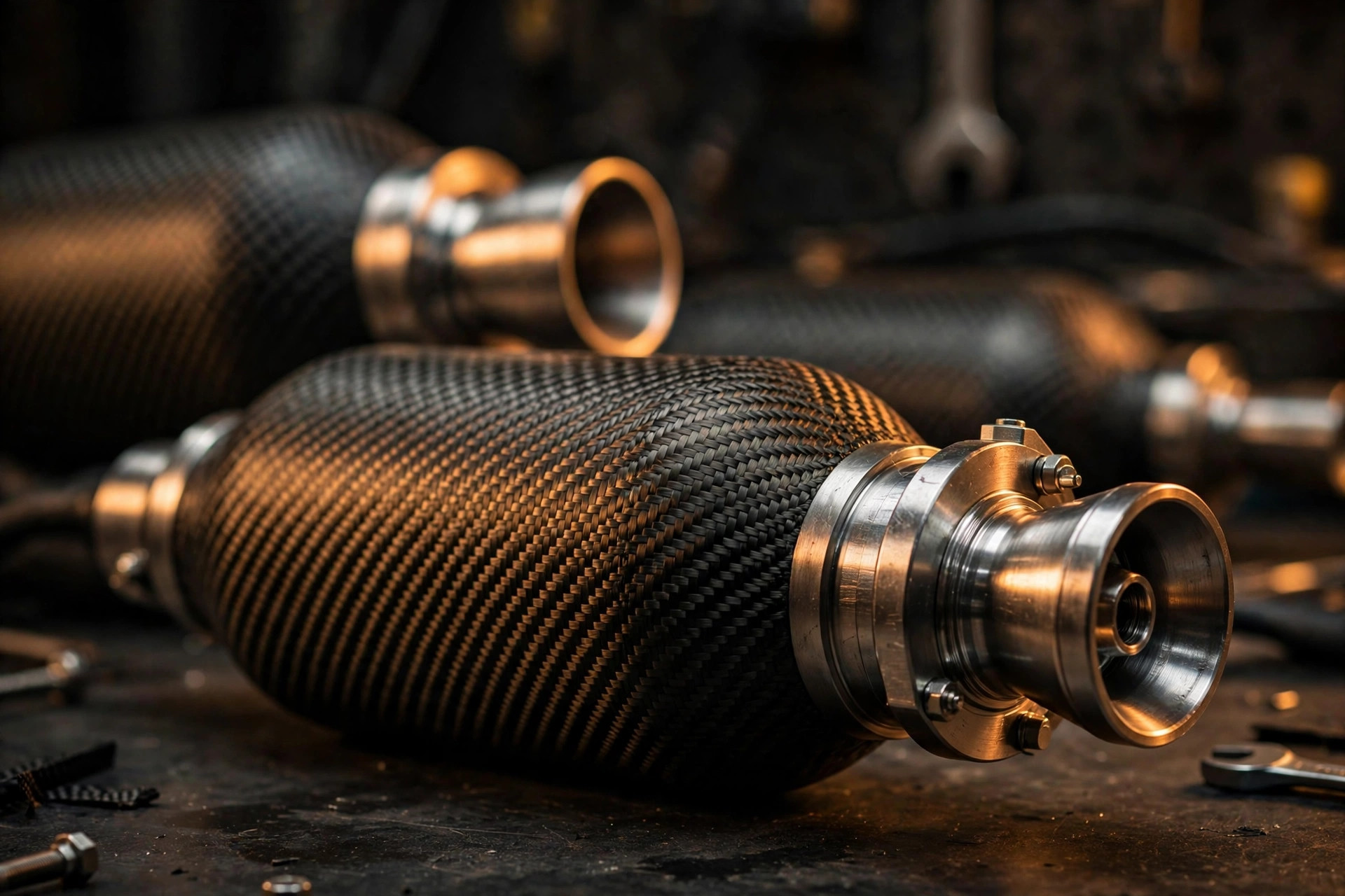 Editorial macro photograph in warm amber light of carbon-fiber overwrapped pressure vessels with polished metal cold-gas thruster nozzles on a dark workshop surface: woven carbon-fiber tank ends fading into machined steel thrust chambers, fine braided fiber texture catching warm side-light, glowing against a dark industrial background