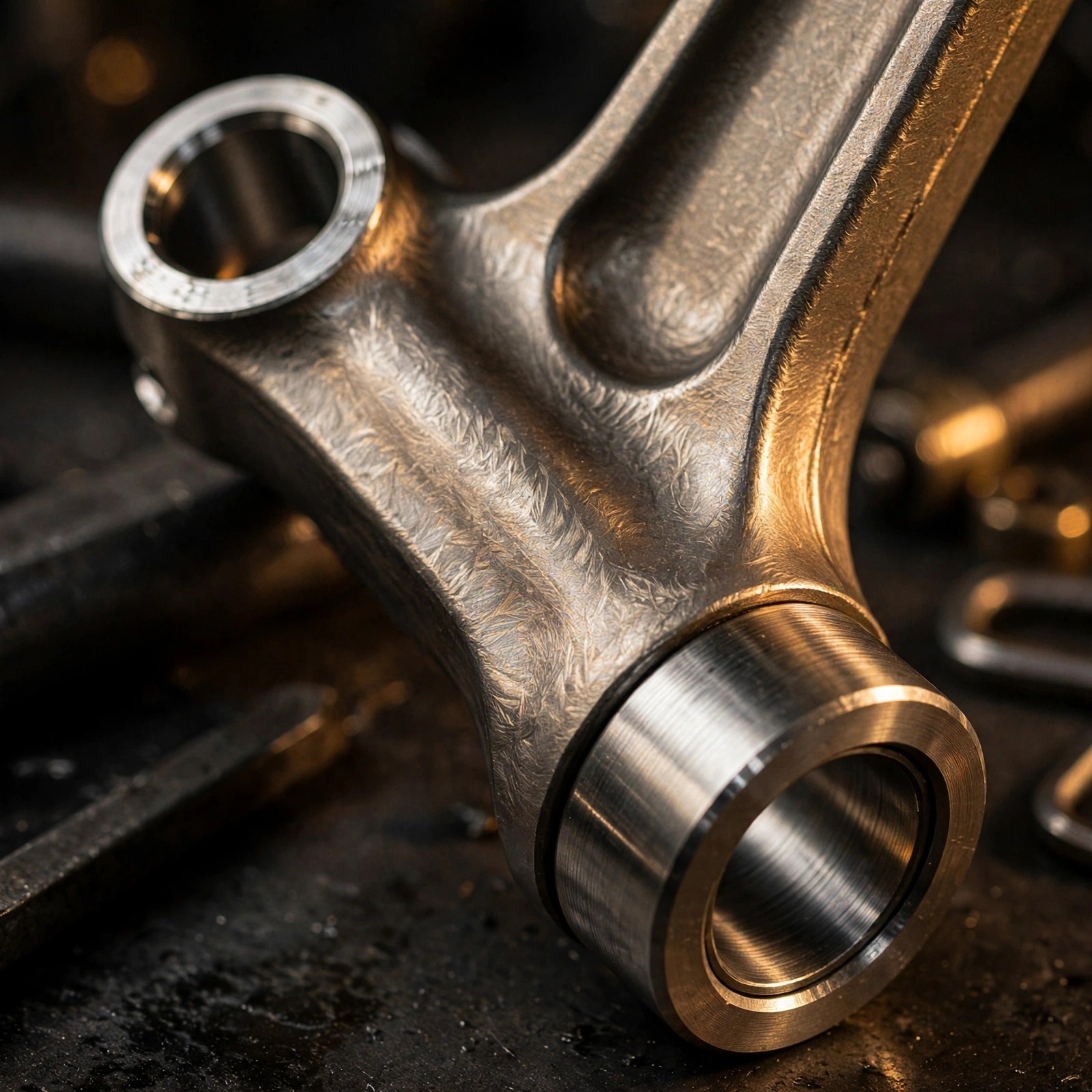 Macro photograph of a polished titanium connecting rod showing forging grain structure and machined bearing surfaces