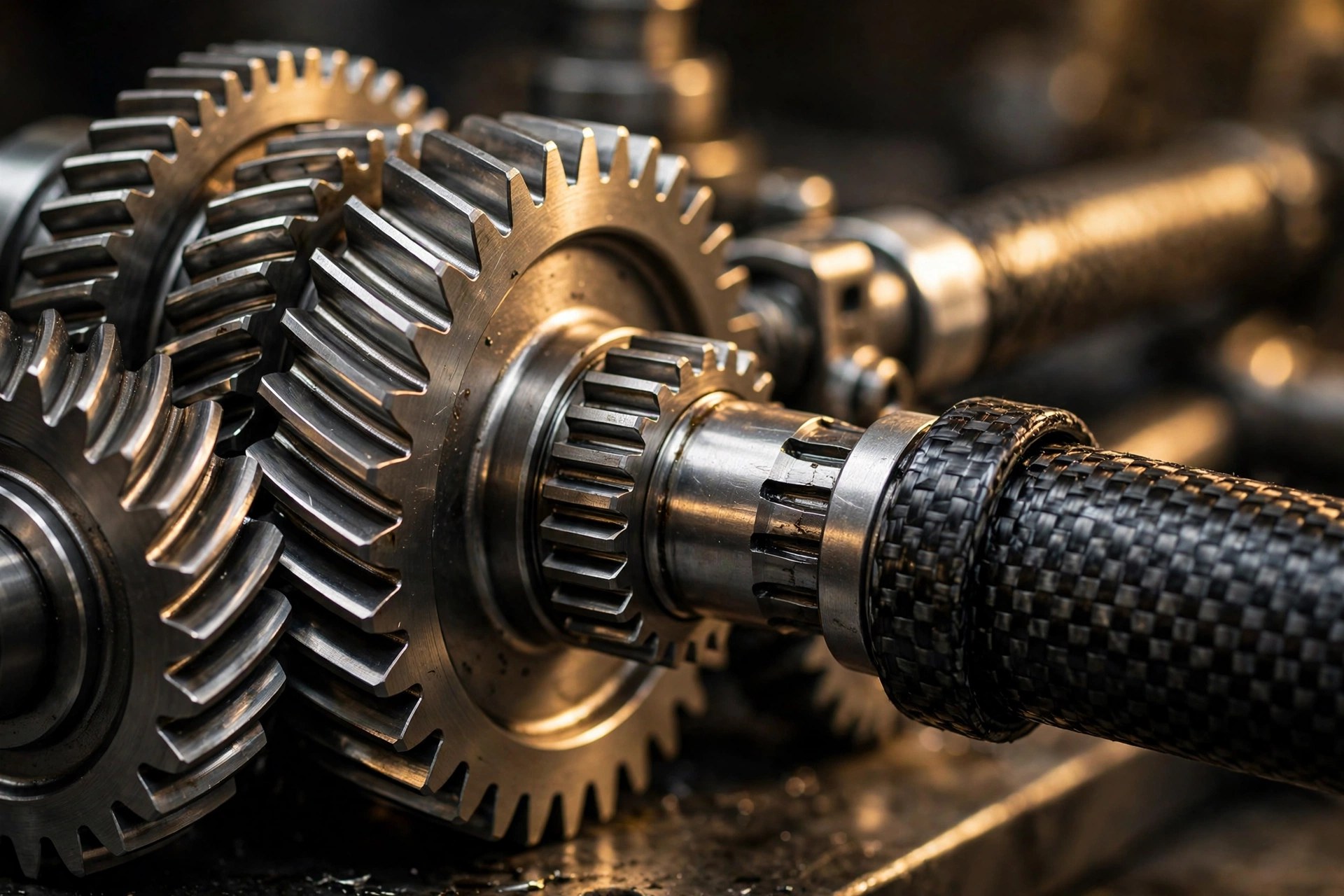 Macro photograph of a polished transaxle gearset and carbon-fiber torque tube section showing precision-cut gears under warm directional workshop lighting