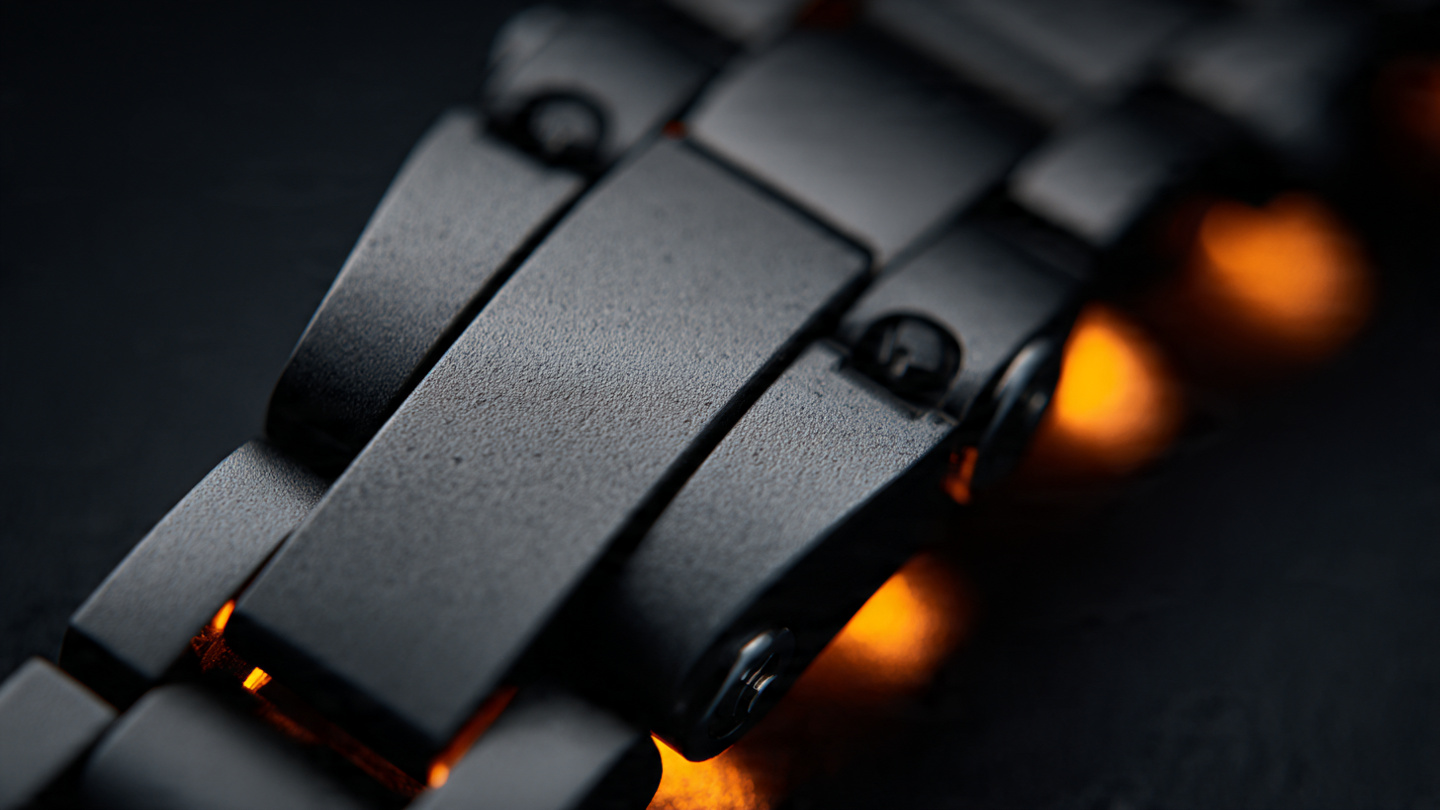 Macro photograph of matte black ceramic watch bracelet links showing microblasted zirconia texture and screw connection points under warm amber lighting