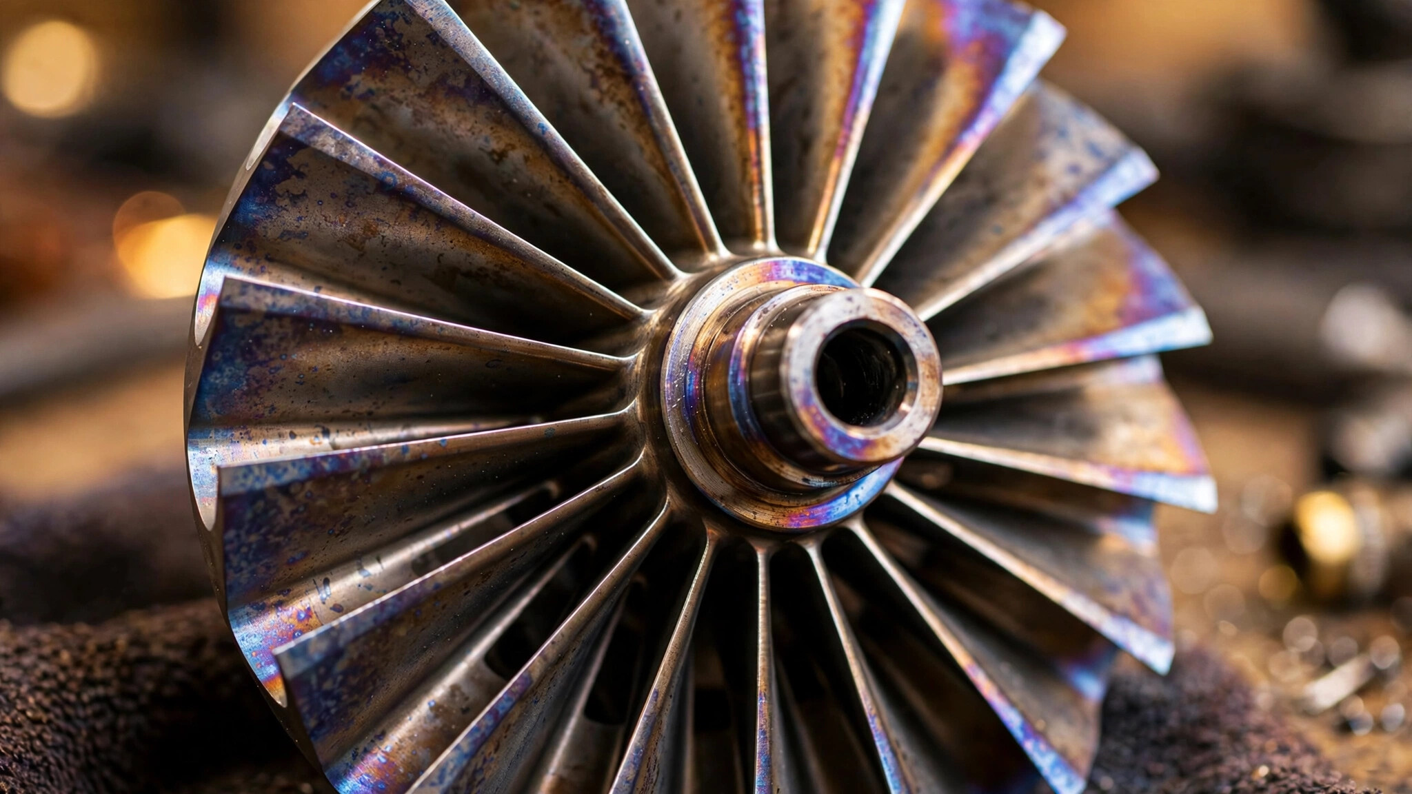 Close-up macro photograph of a turbocharger turbine wheel showing radial blade geometry and heat-tinted nickel superalloy surface under warm workshop lighting