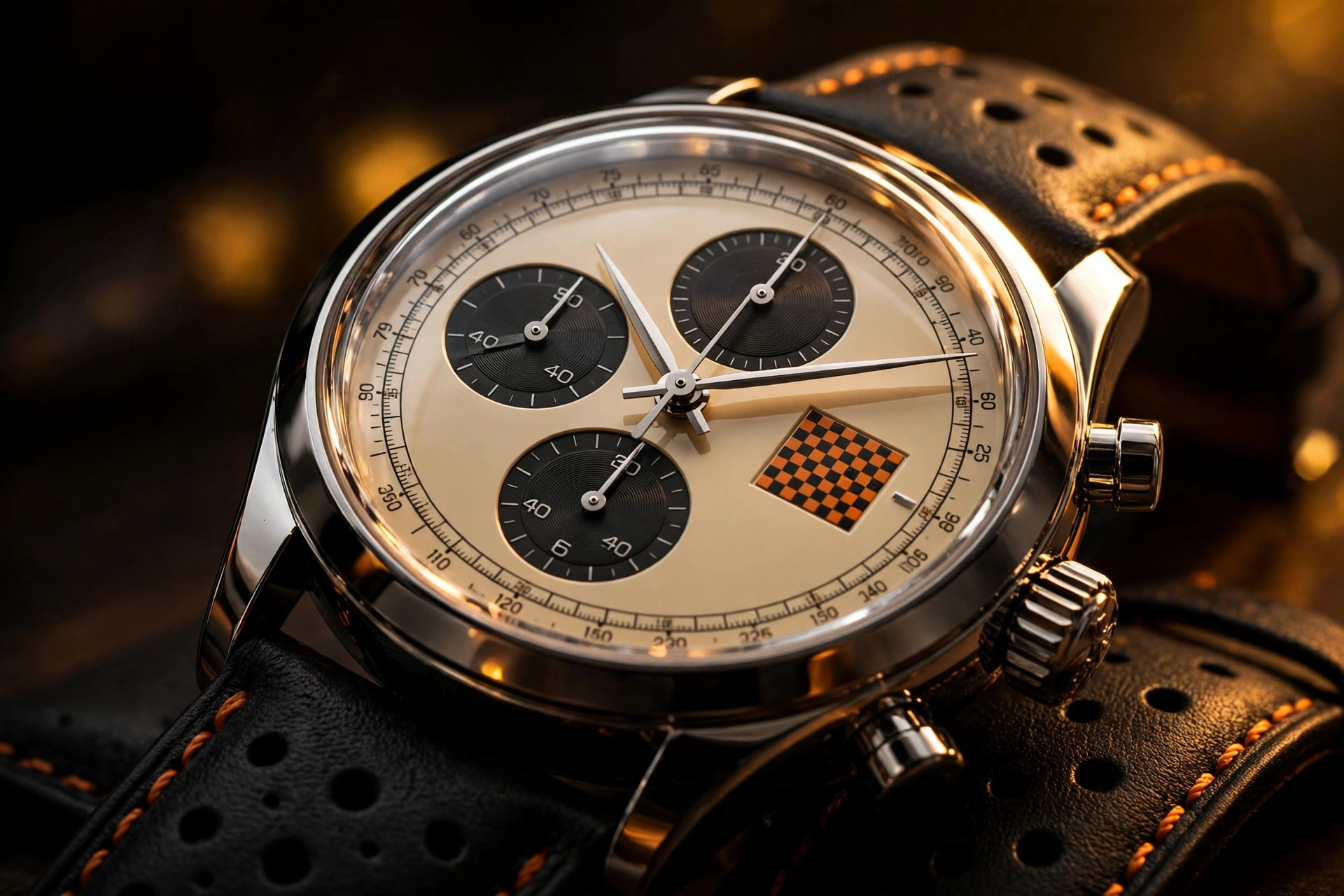 Macro photograph of a beige chronograph dial with orange checkerboard detail and black snailed sub-dials under warm directional lighting, perforated leather strap with orange stitching