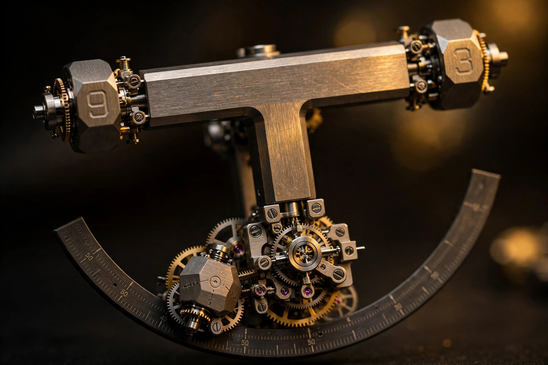 Editorial macro photograph in warm amber light of a T-shaped titanium watch display frame with rotating prism hour modules, showing geometric hour numerals at the base of the frame against a dark minute track
