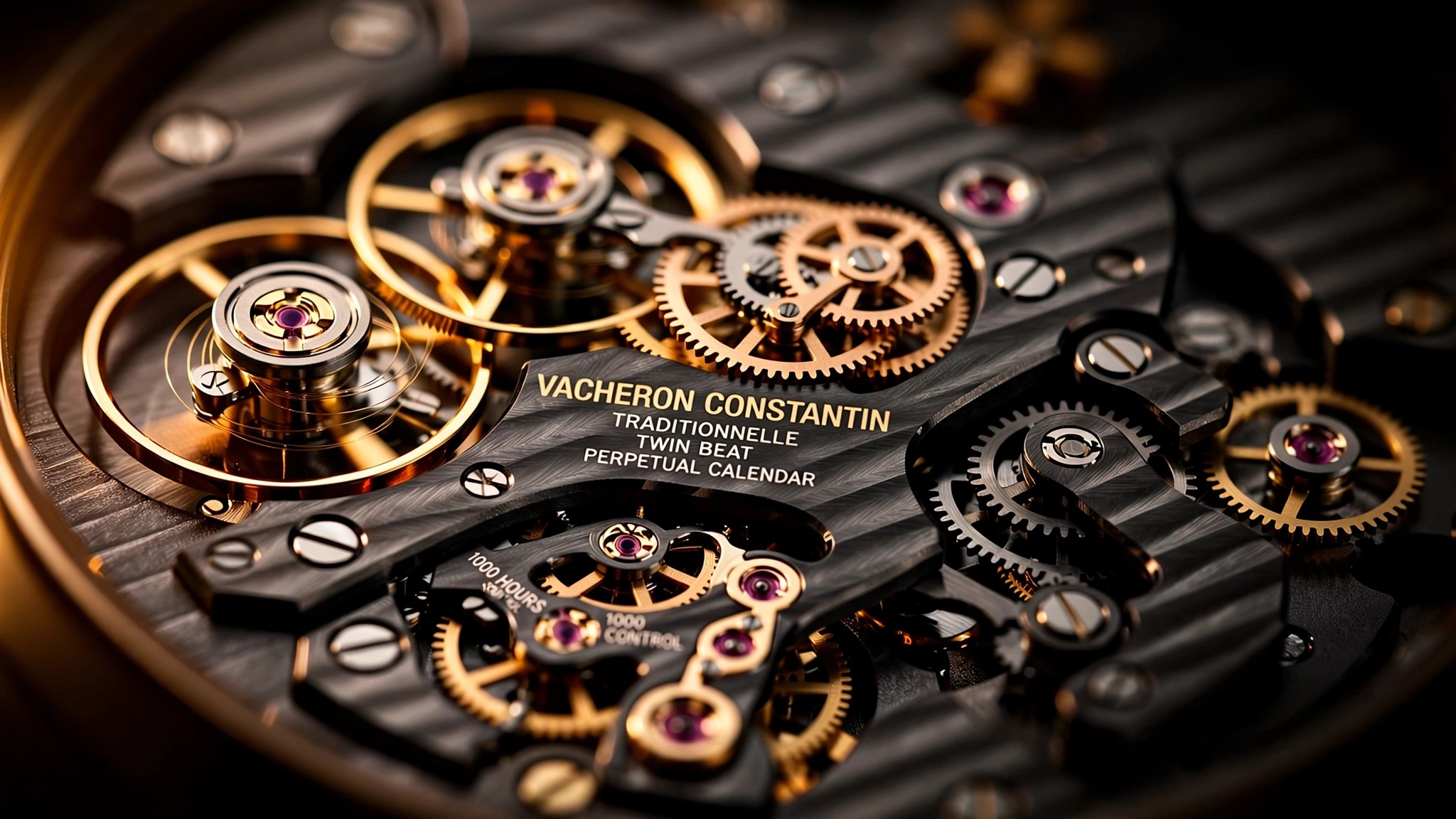 Vacheron Constantin Traditionnelle Twin Beat Perpetual Calendar in platinum, showing the dual-level dial with hand-guilloché gold upper section and sapphire window exposing the movement